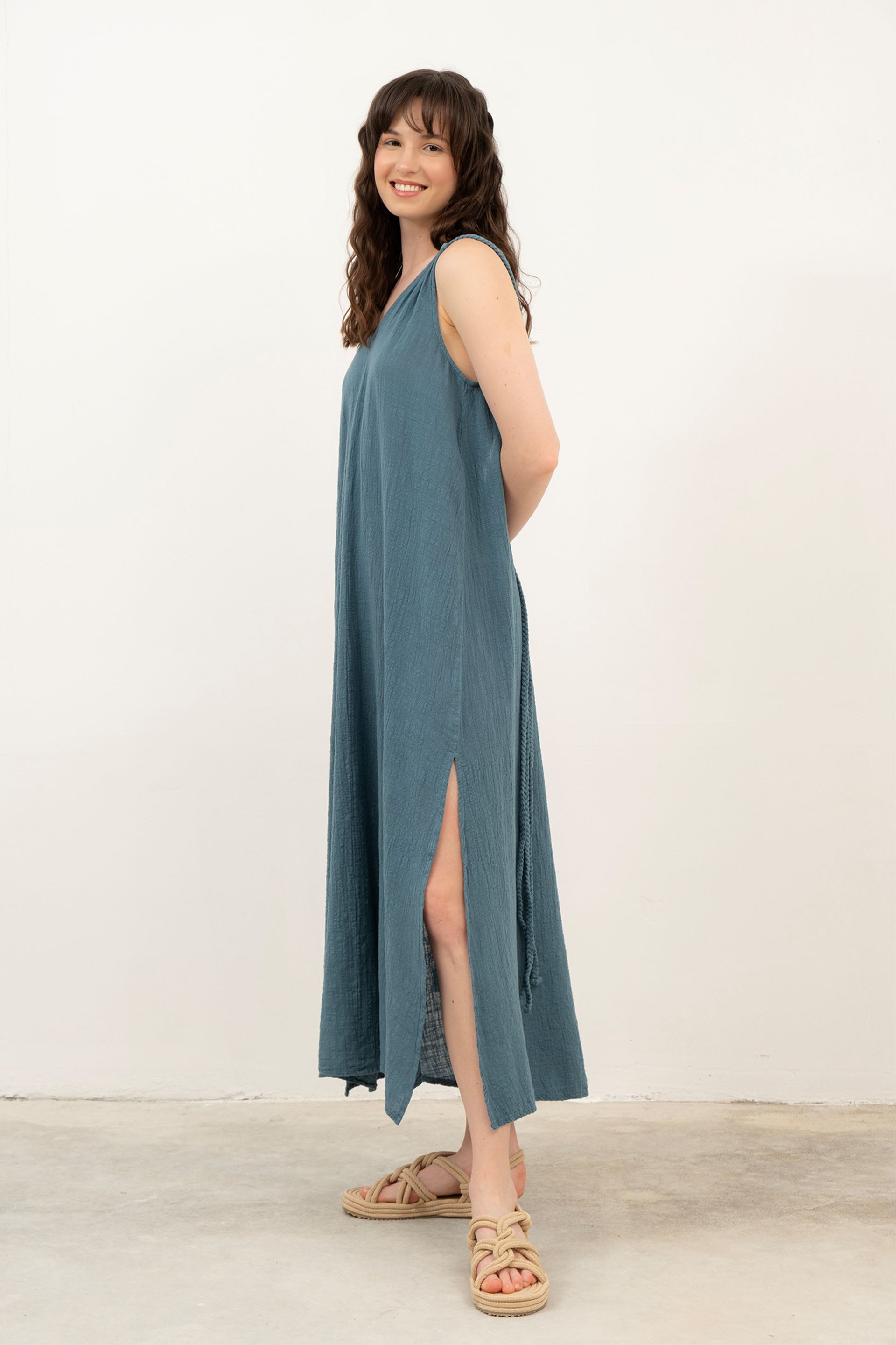 Helen Model Örgü Askılı Elbise / Petrol #renk_Petrol
