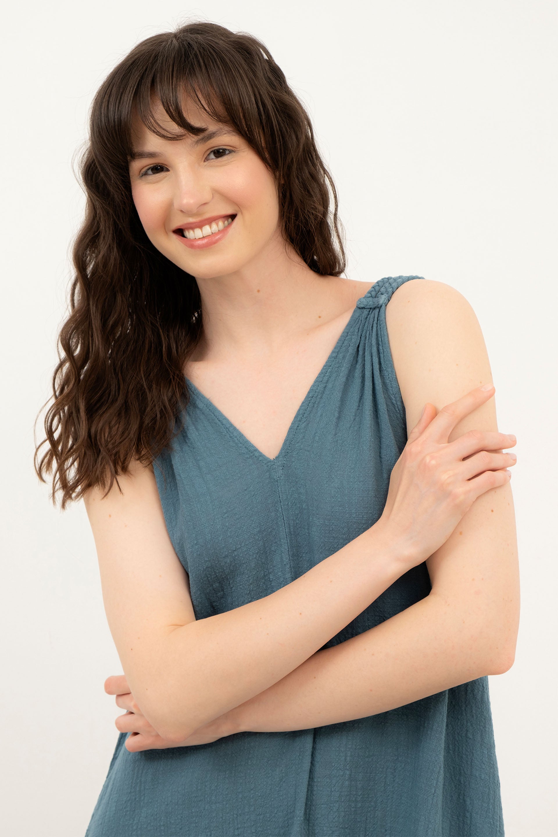 Helen Model Örgü Askılı Elbise / Petrol #renk_Petrol