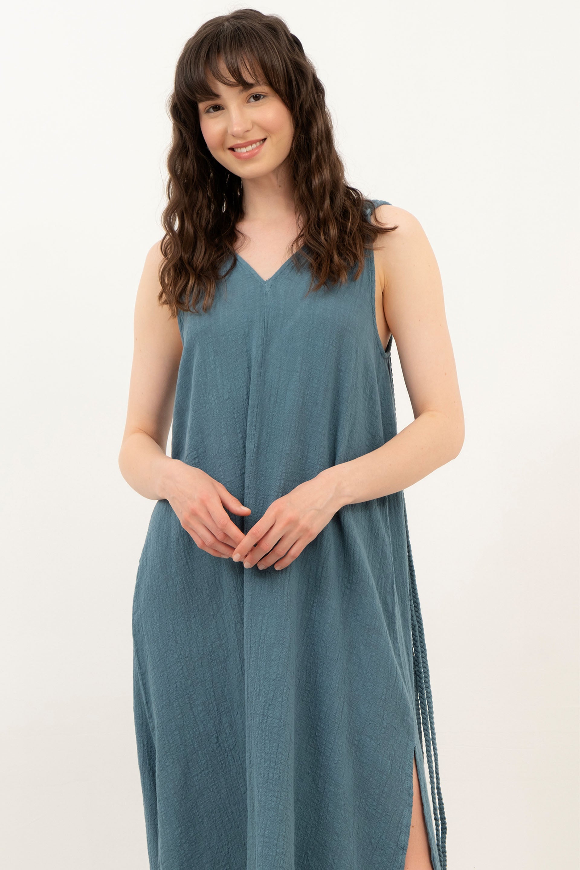 Helen Model Örgü Askılı Elbise / Petrol #renk_Petrol