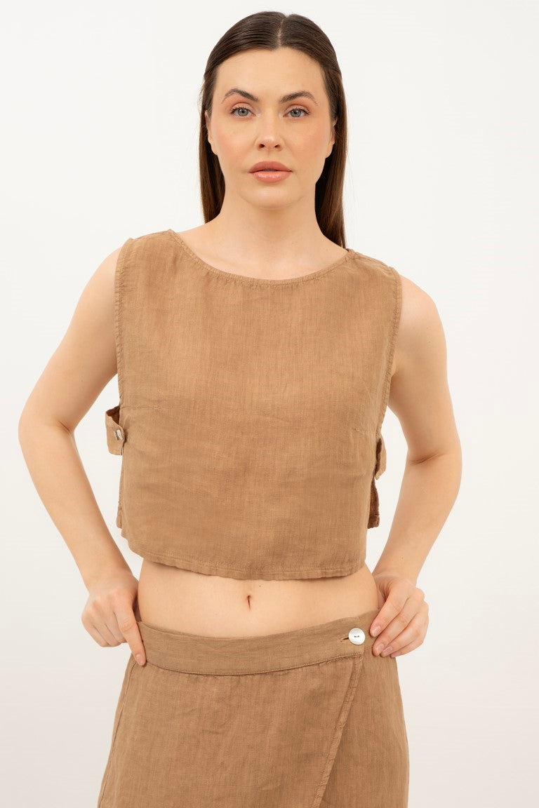Yandan Düğmeli Keten Crop Bluz #renk_Kahve