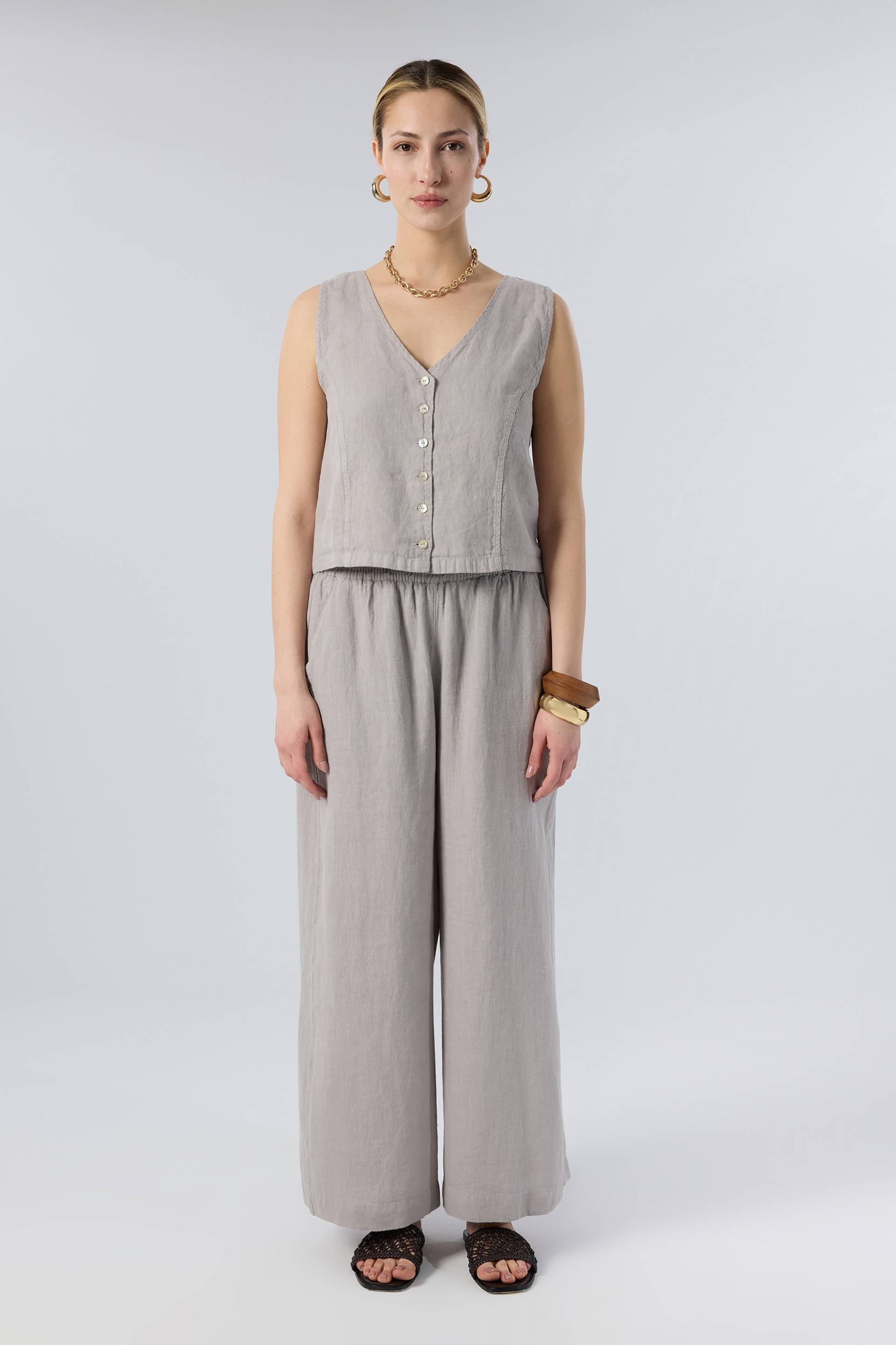 Ham Keten Kadın Düğmeli Yelek #renk_Taş Gri