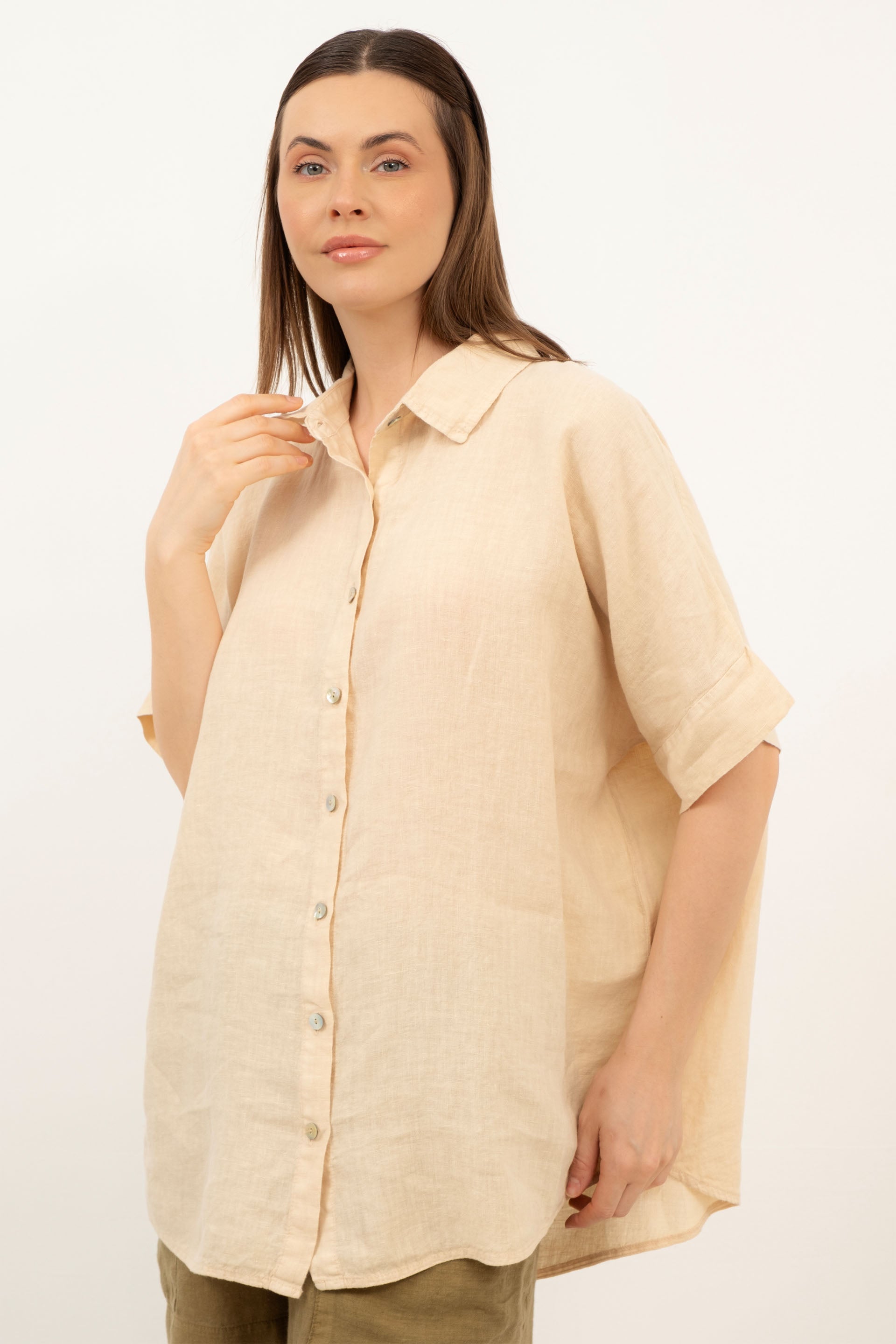 Saf Keten Kısa Kollu Oversize Gömlek #Renk_ Bej