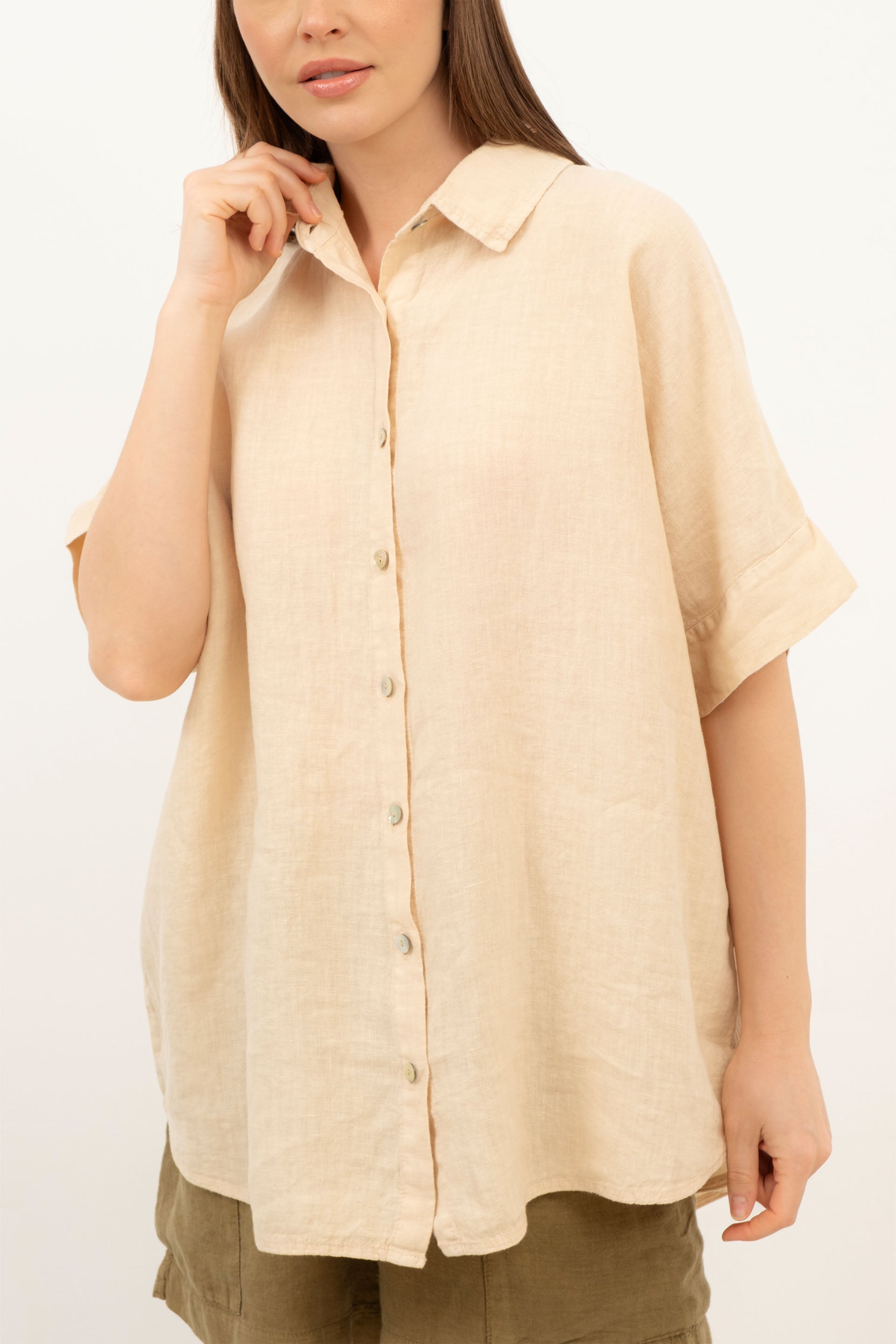Saf Keten Kısa Kollu Oversize Gömlek #Renk_ Bej