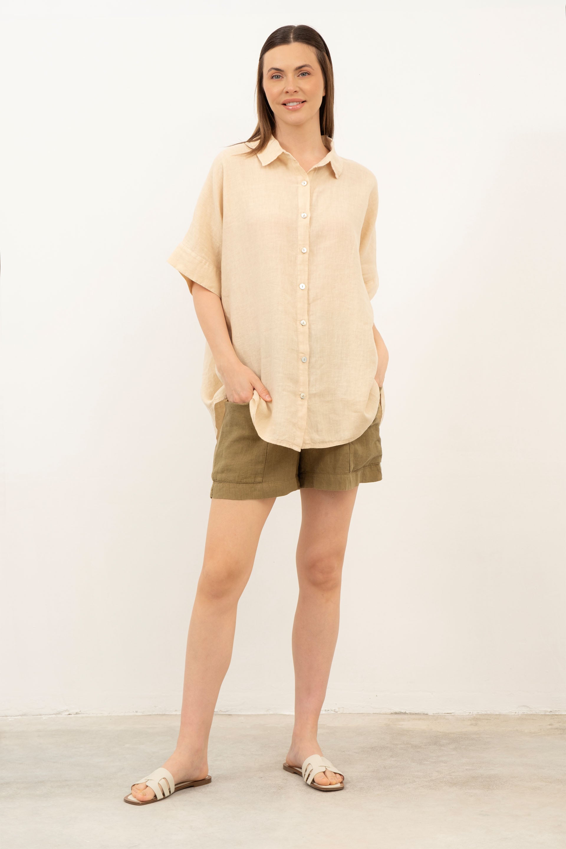 Saf Keten Kısa Kollu Oversize Gömlek #Renk_ Bej