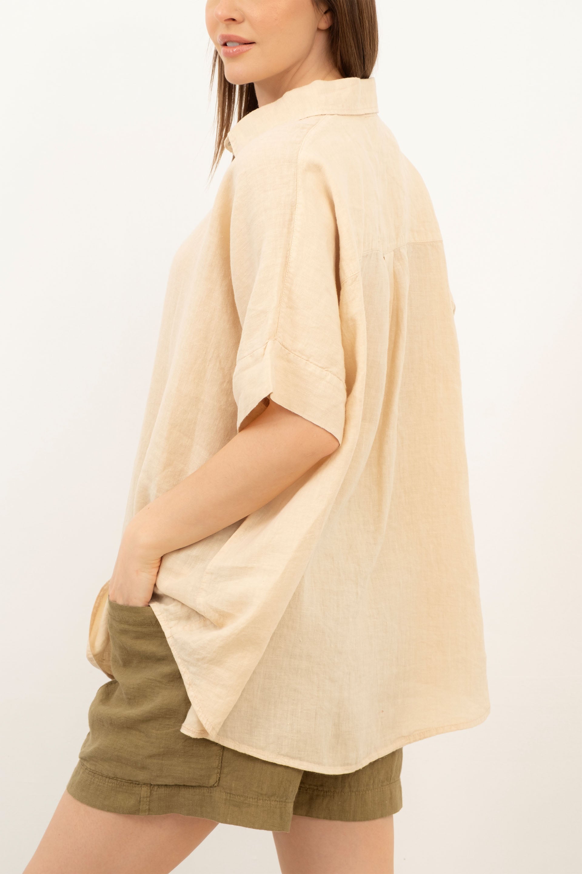 Saf Keten Kısa Kollu Oversize Gömlek #Renk_ Bej