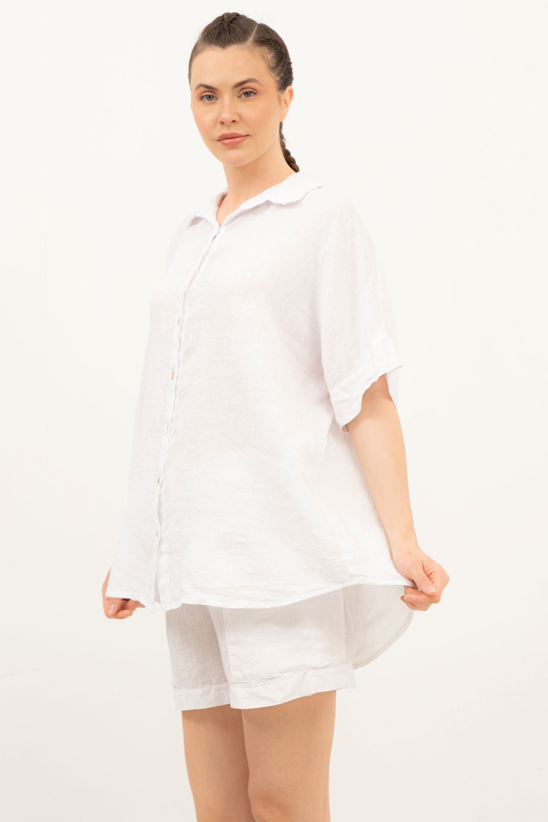 Saf Keten Kısa Kollu Oversize Gömlek #Renk_ Beyaz