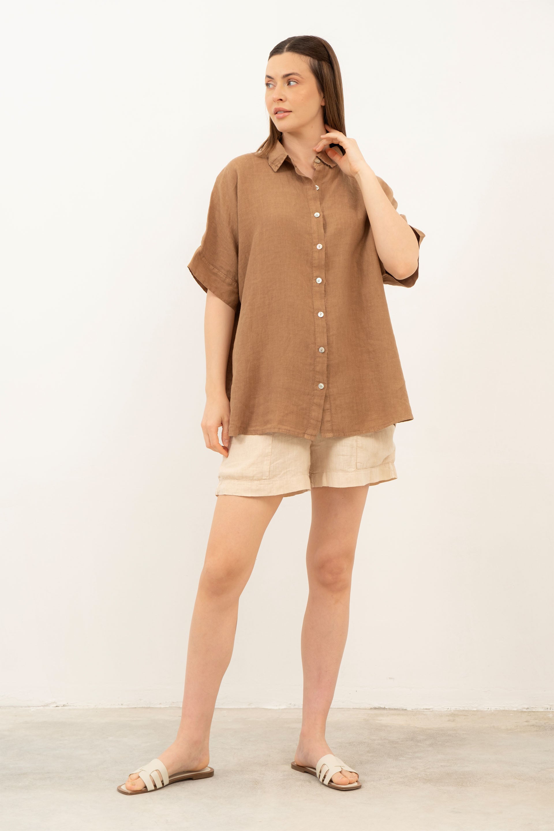 Saf Keten Kısa Kollu Oversize Gömlek #Renk_Kahve