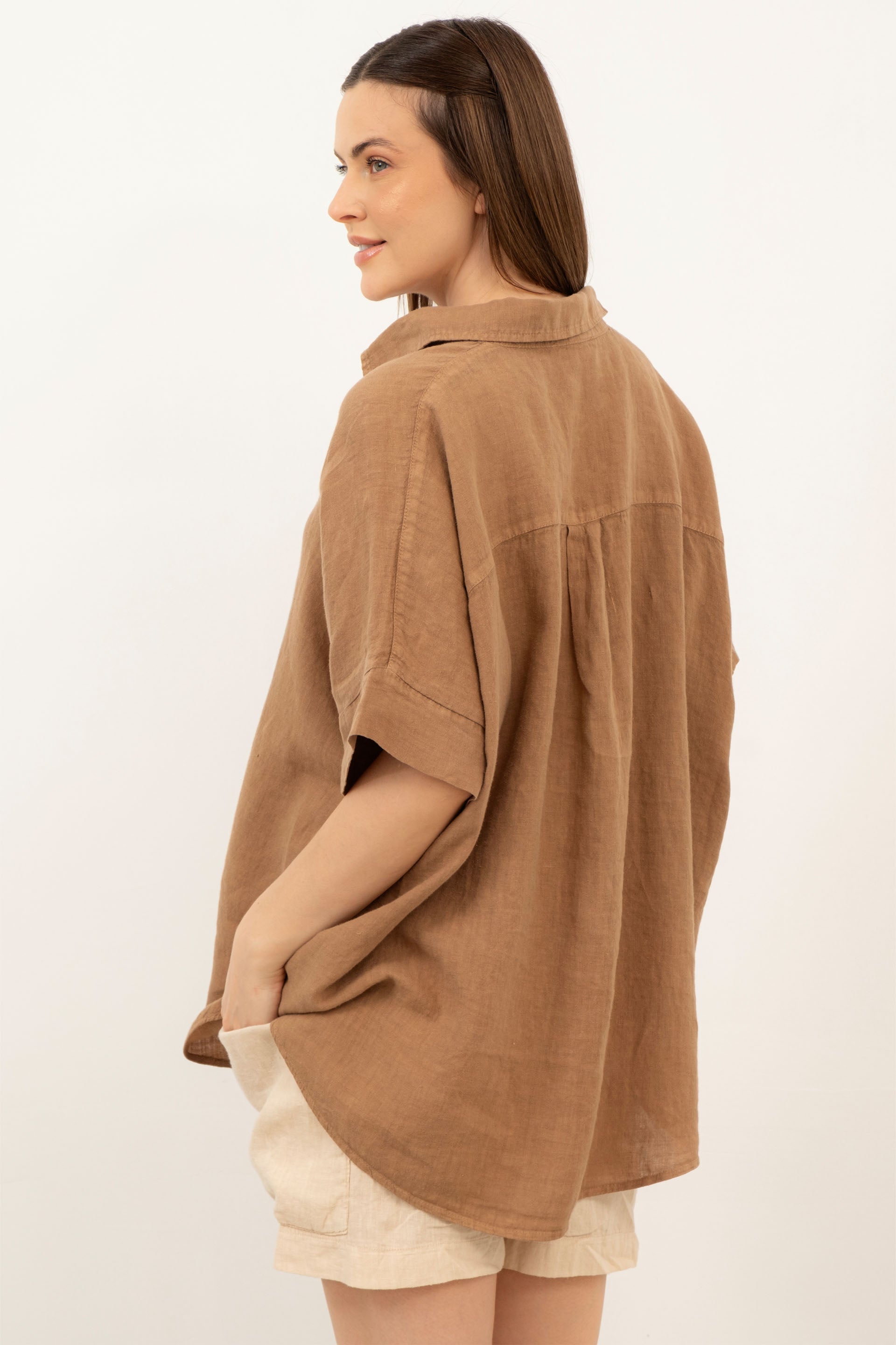 Saf Keten Kısa Kollu Oversize Gömlek #Renk_Kahve