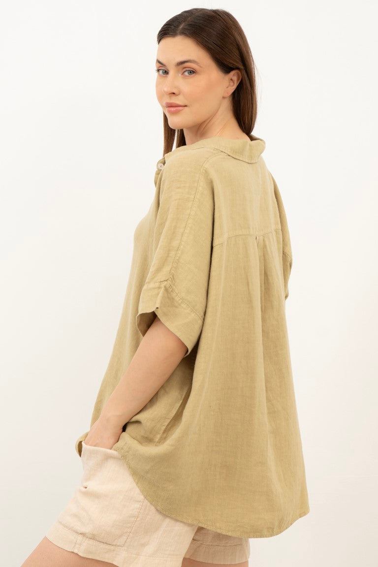 Saf Keten Kısa Kollu Oversize Gömlek #Renk_Mint