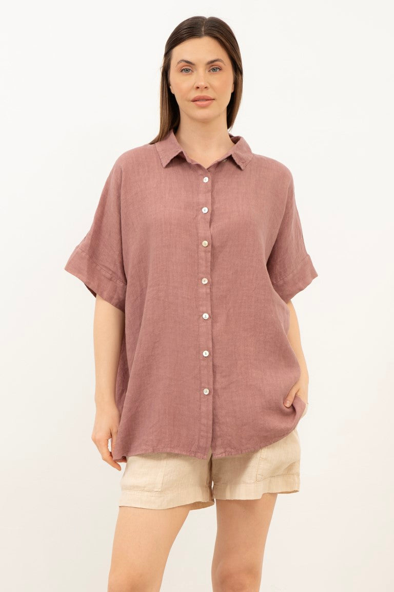 Saf Keten Kısa Kollu Oversize Gömlek #Renk_Gül Kurusu