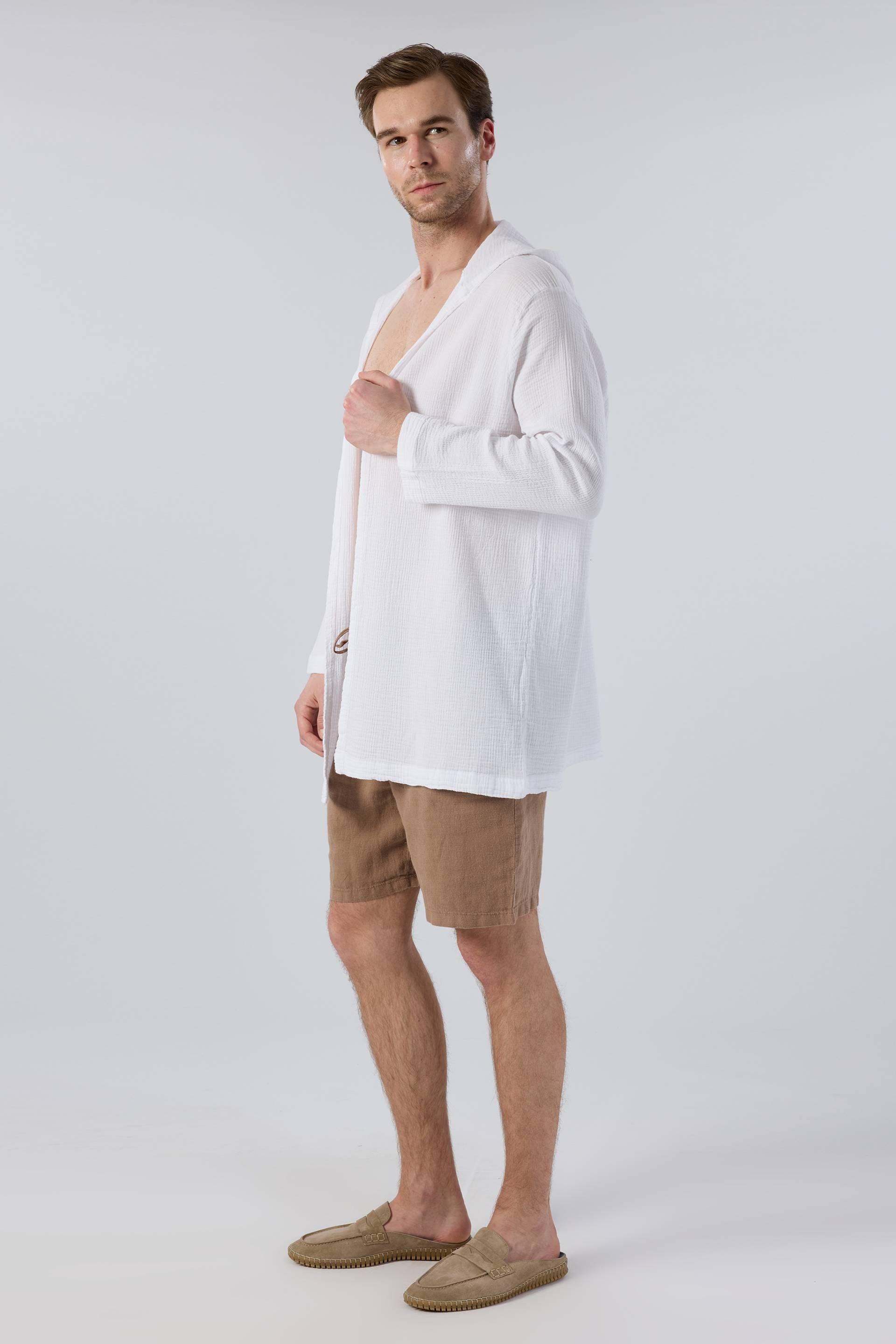Oversize Müslin Unisex Kapüşonlu Hırka #renk_Beyaz