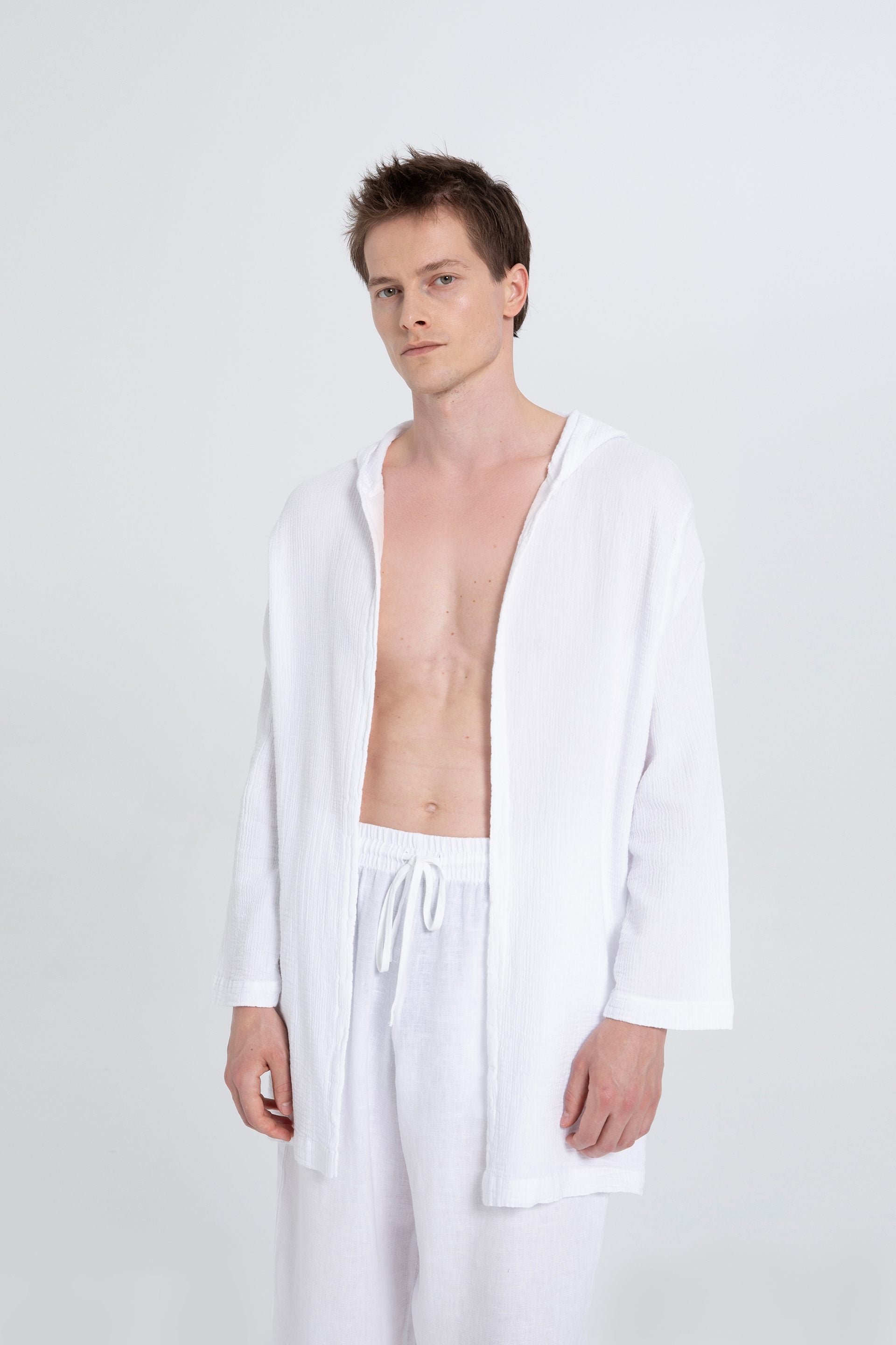 Oversize Müslin Unisex Kapüşonlu Hırka #renk_Beyaz