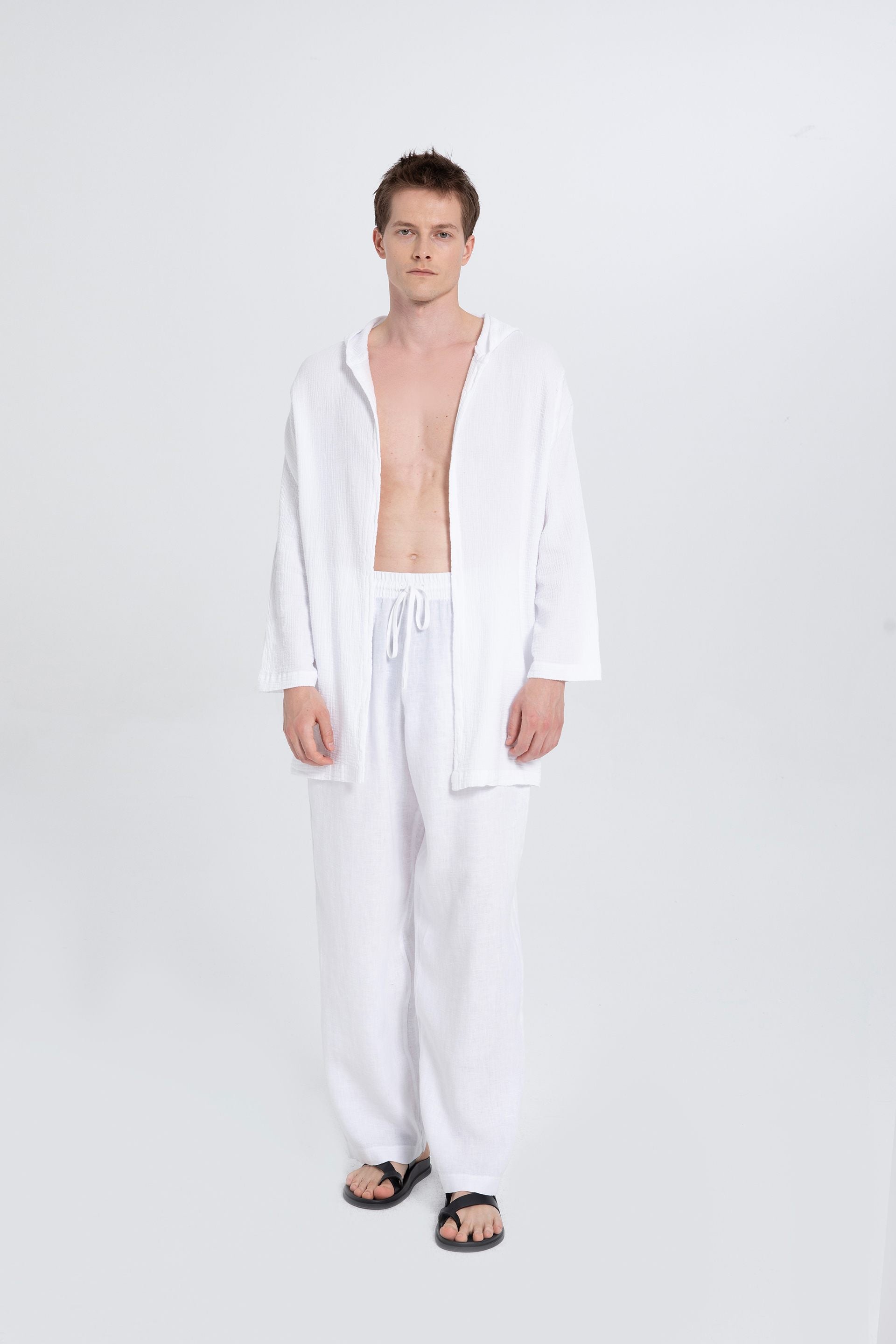 Oversize Müslin Unisex Kapüşonlu Hırka #renk_Beyaz