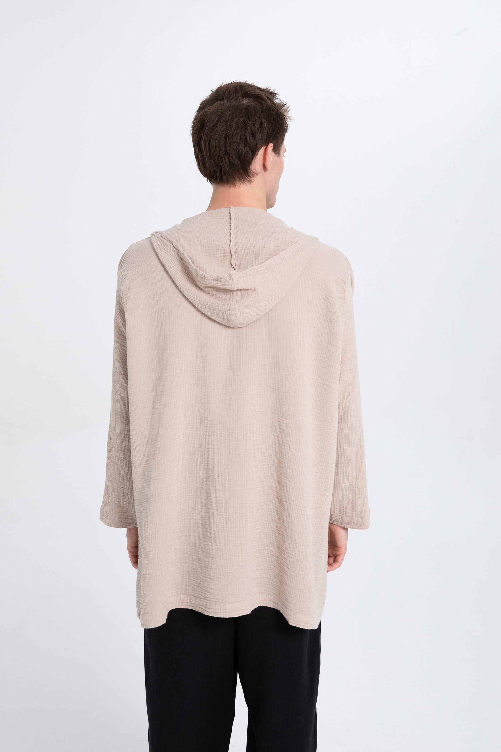 Oversize Müslin Unisex Kapüşonlu Hırka #renk_Flax