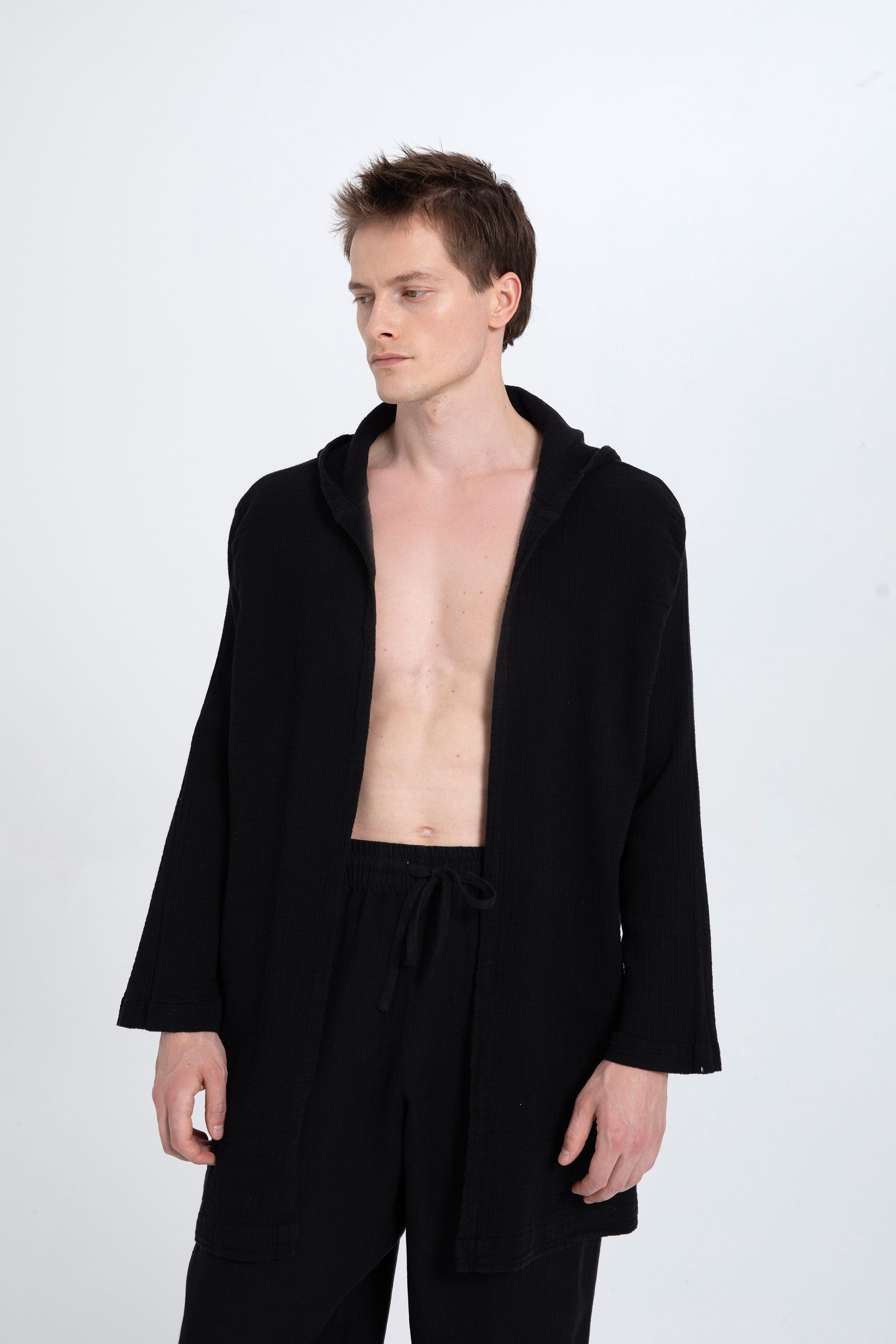 Oversize Müslin Unisex Kapüşonlu Hırka #renk_Siyah