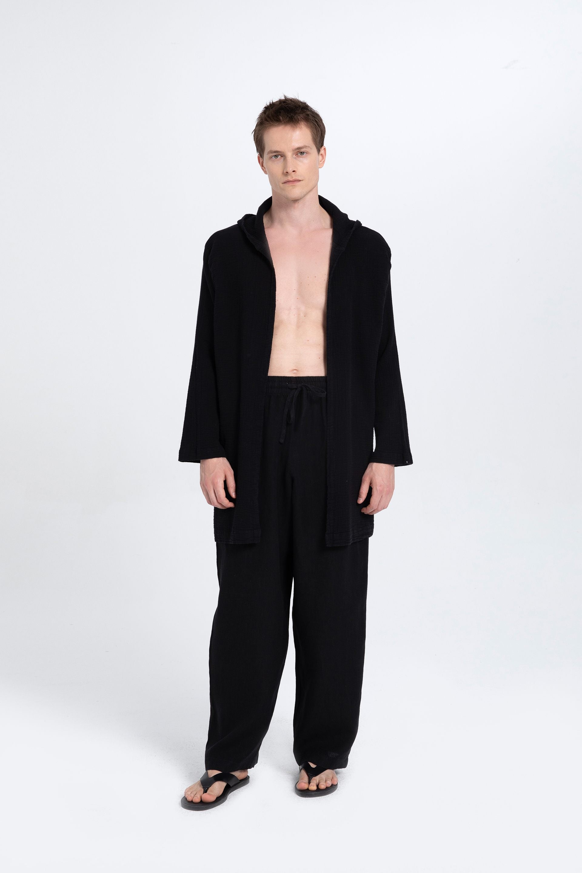 Oversize Müslin Unisex Kapüşonlu Hırka #renk_Siyah