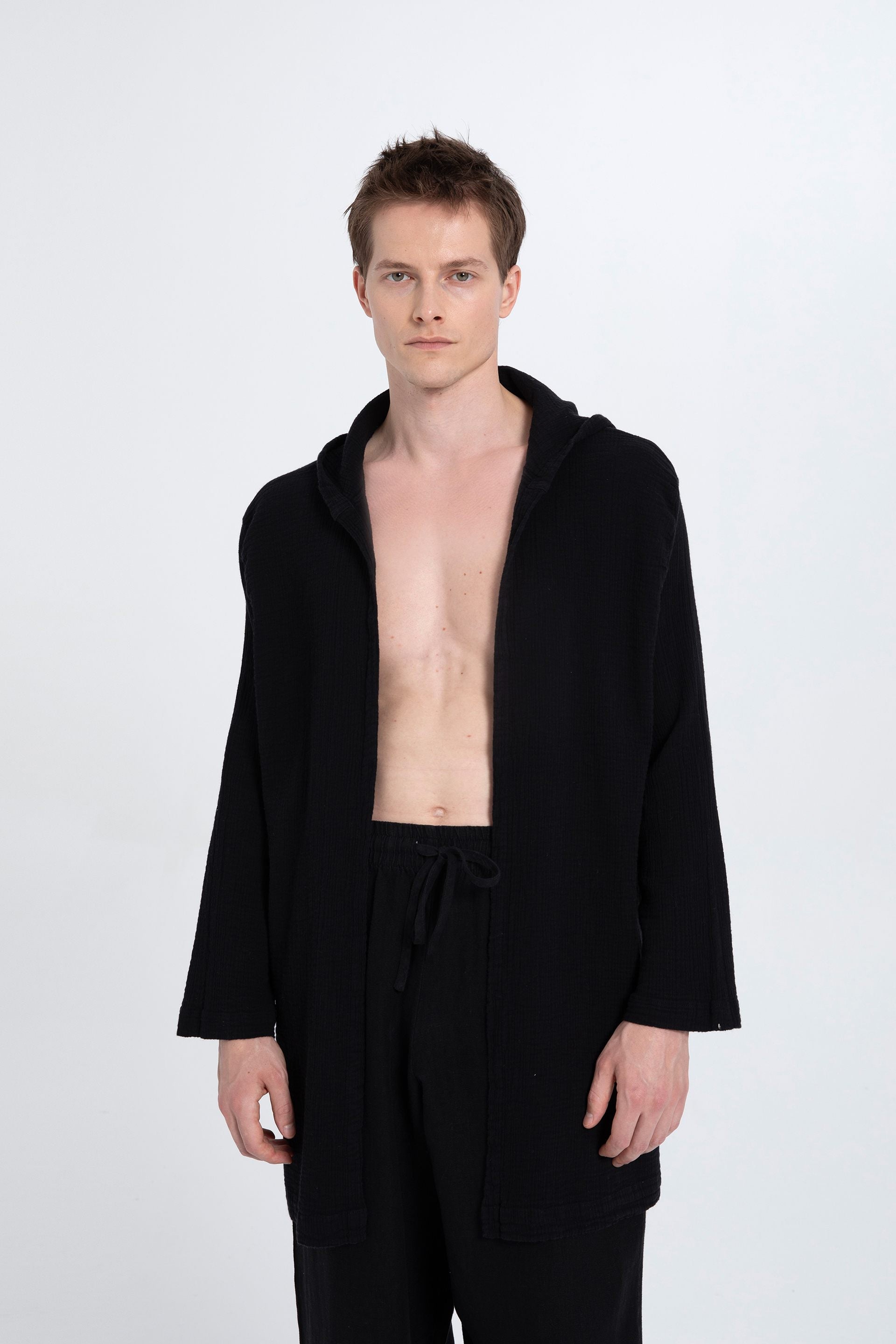 Oversize Müslin Unisex Kapüşonlu Hırka #renk_Siyah