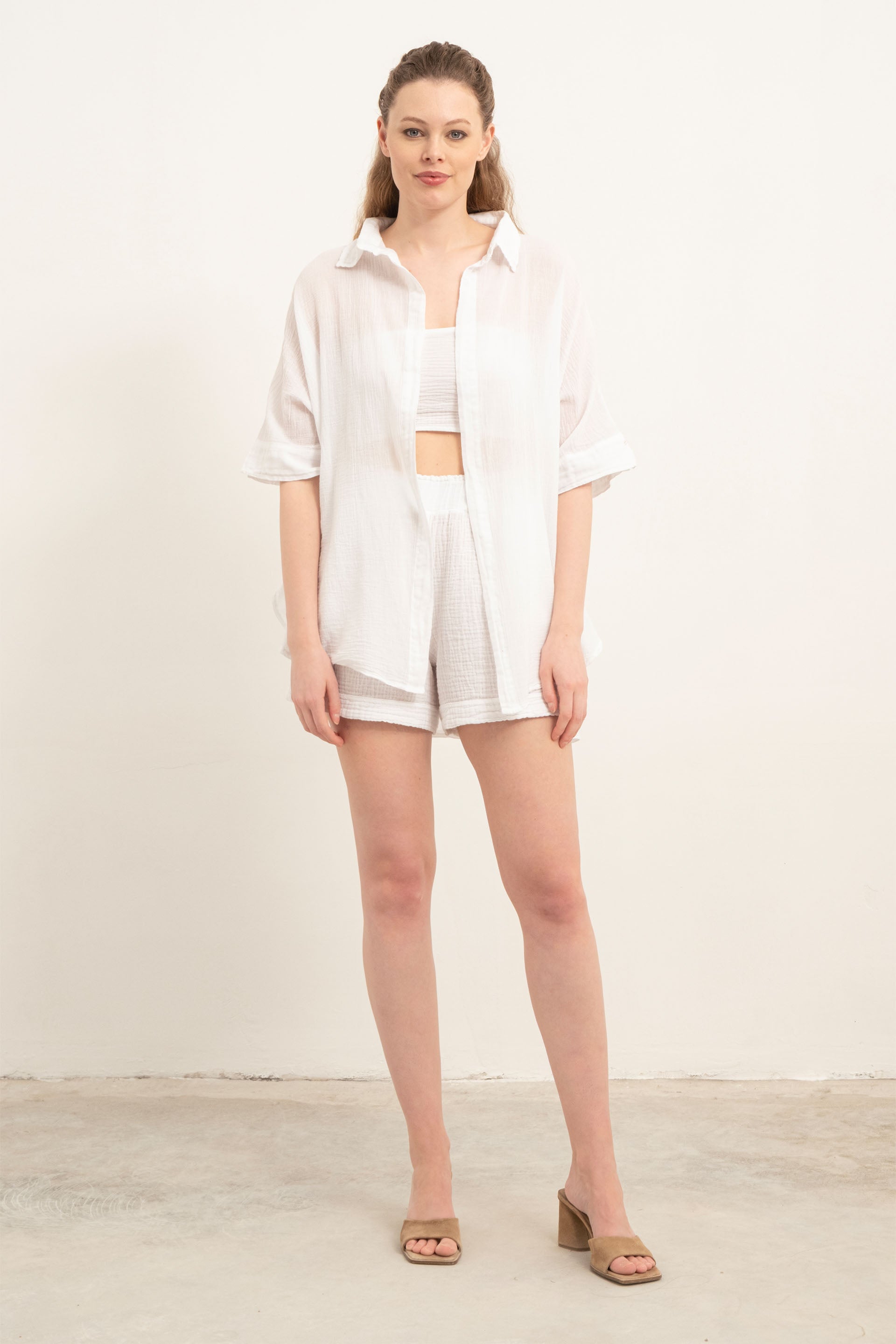 İnce Düğmesiz Oversize Gömlek #Renk_ Beyaz