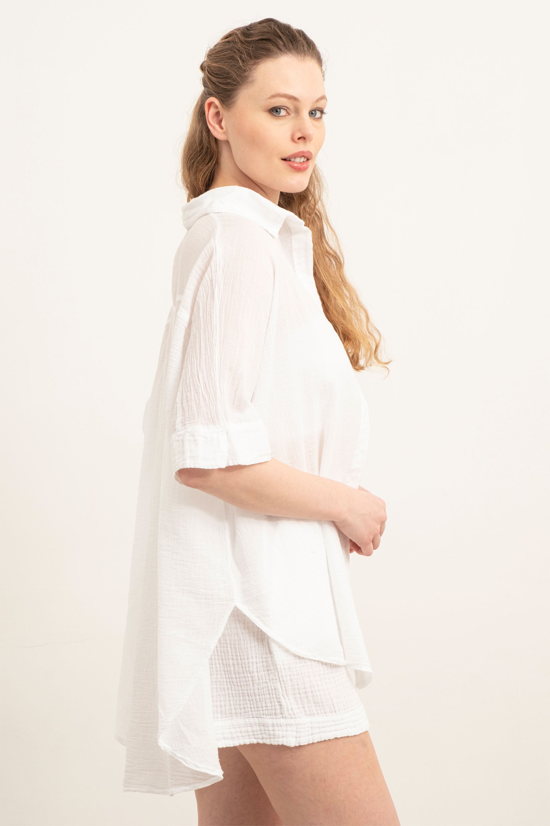 İnce Düğmesiz Oversize Gömlek #Renk_ Beyaz