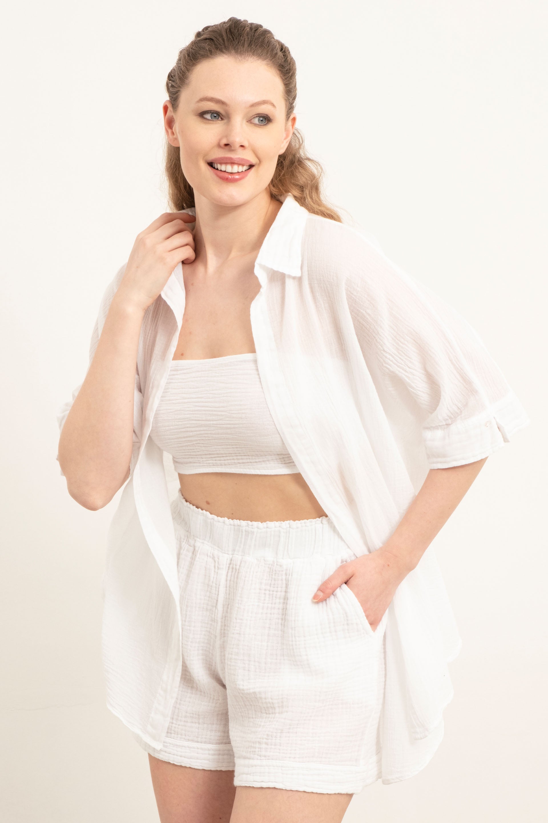 İnce Düğmesiz Oversize Gömlek #Renk_ Beyaz