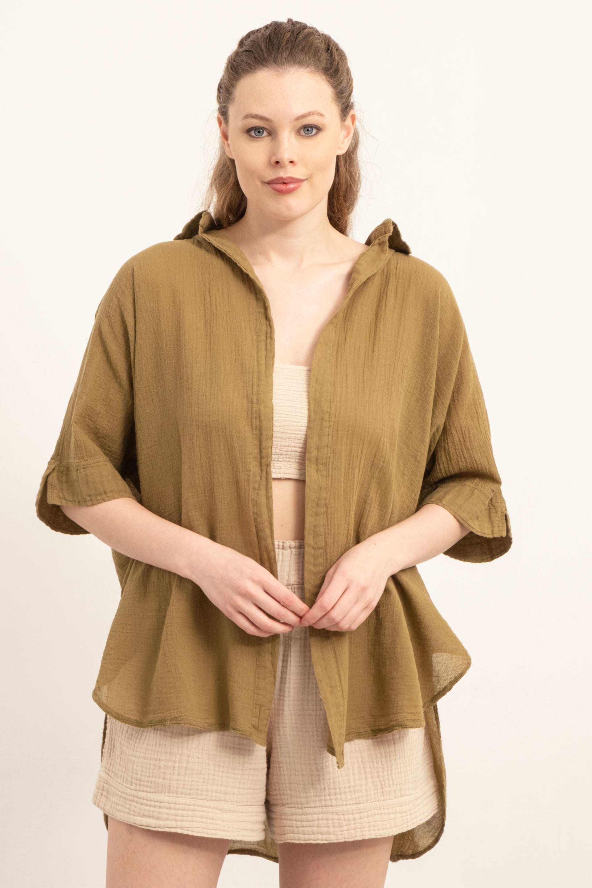 İnce Düğmesiz Oversize Gömlek #Renk_ Haki