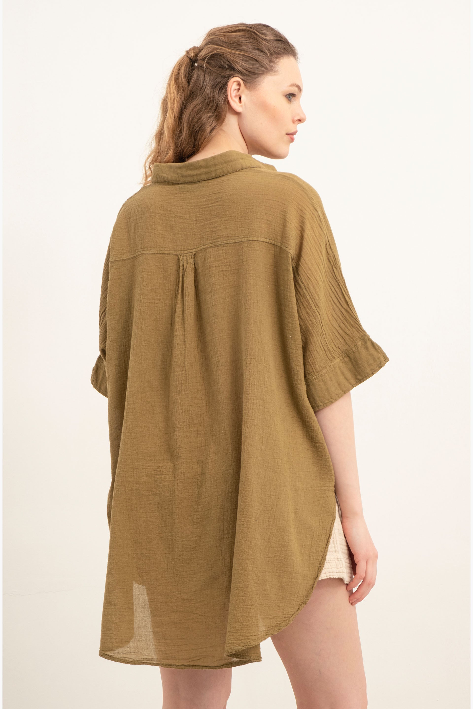 İnce Düğmesiz Oversize Gömlek #Renk_ Haki