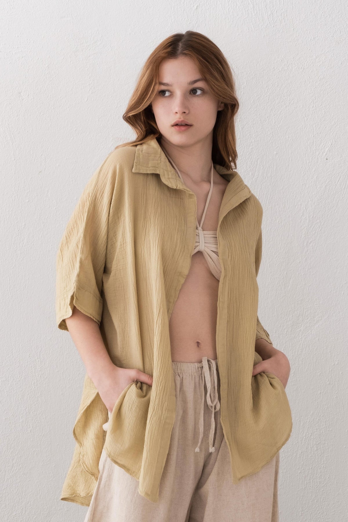İnce Düğmesiz Oversize Gömlek #renk_Mint