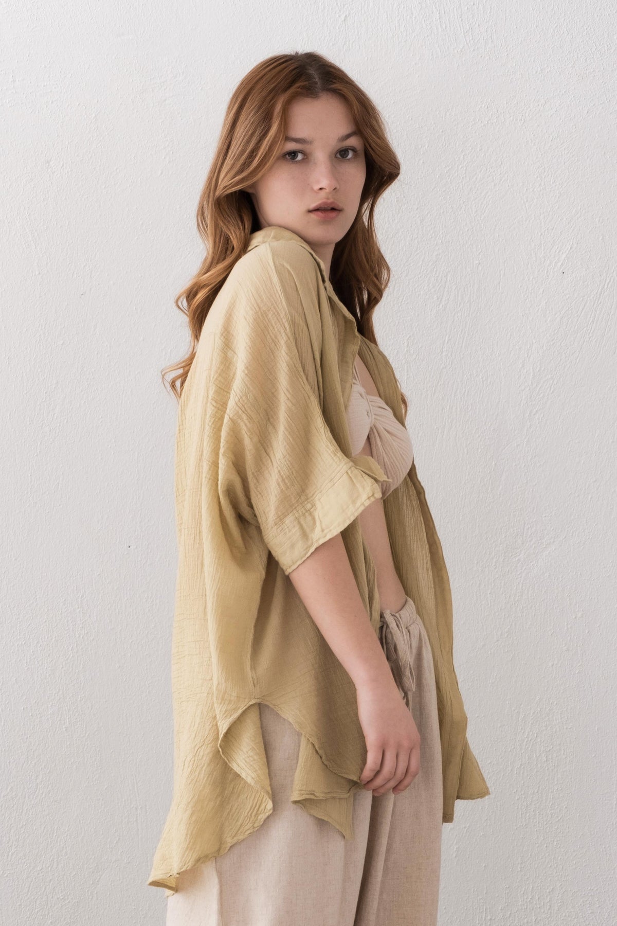 İnce Düğmesiz Oversize Gömlek #renk_Mint