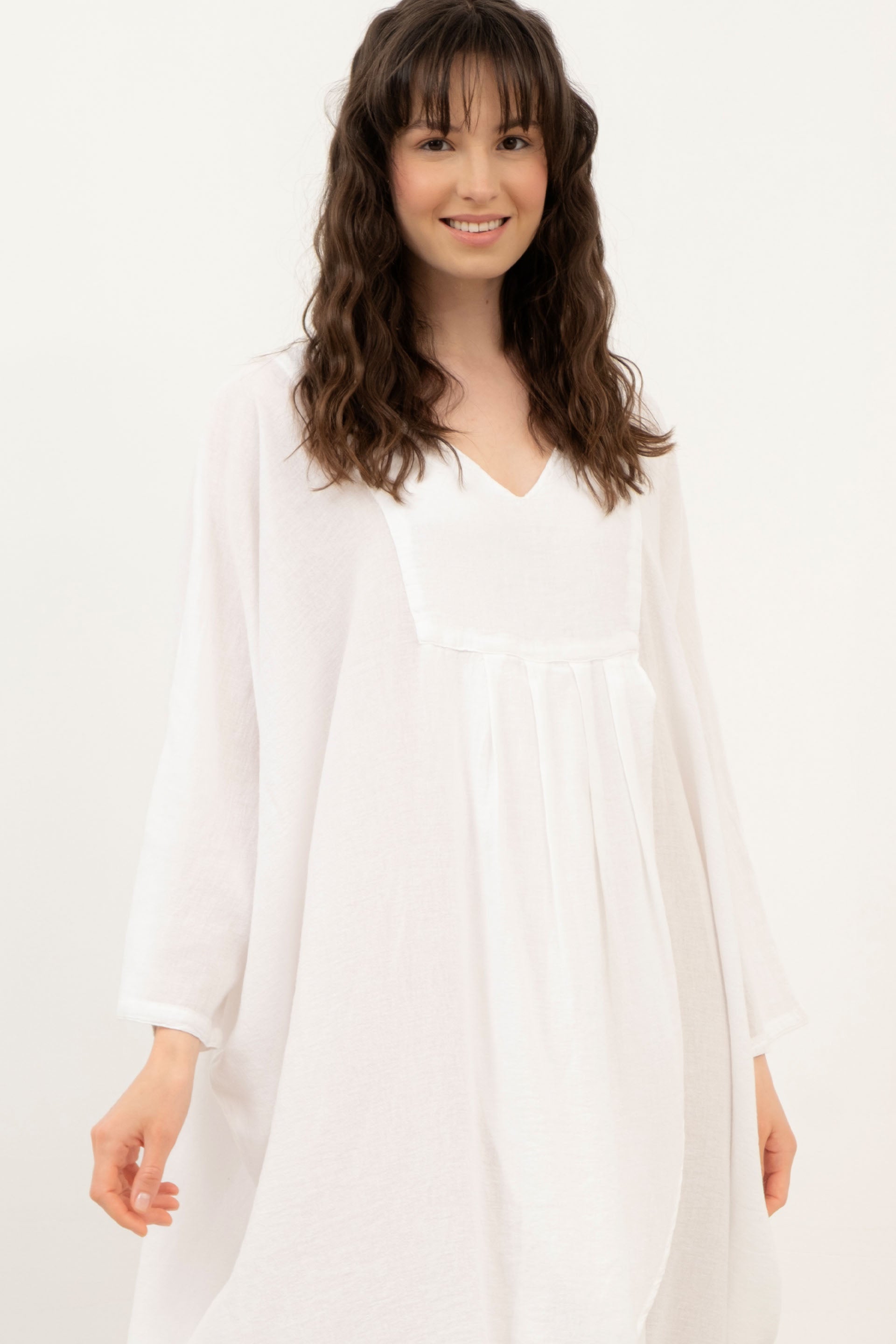 Keten Karışımlı Anvelop Yarasa Kesim Elbise #Renk_ Beyaz