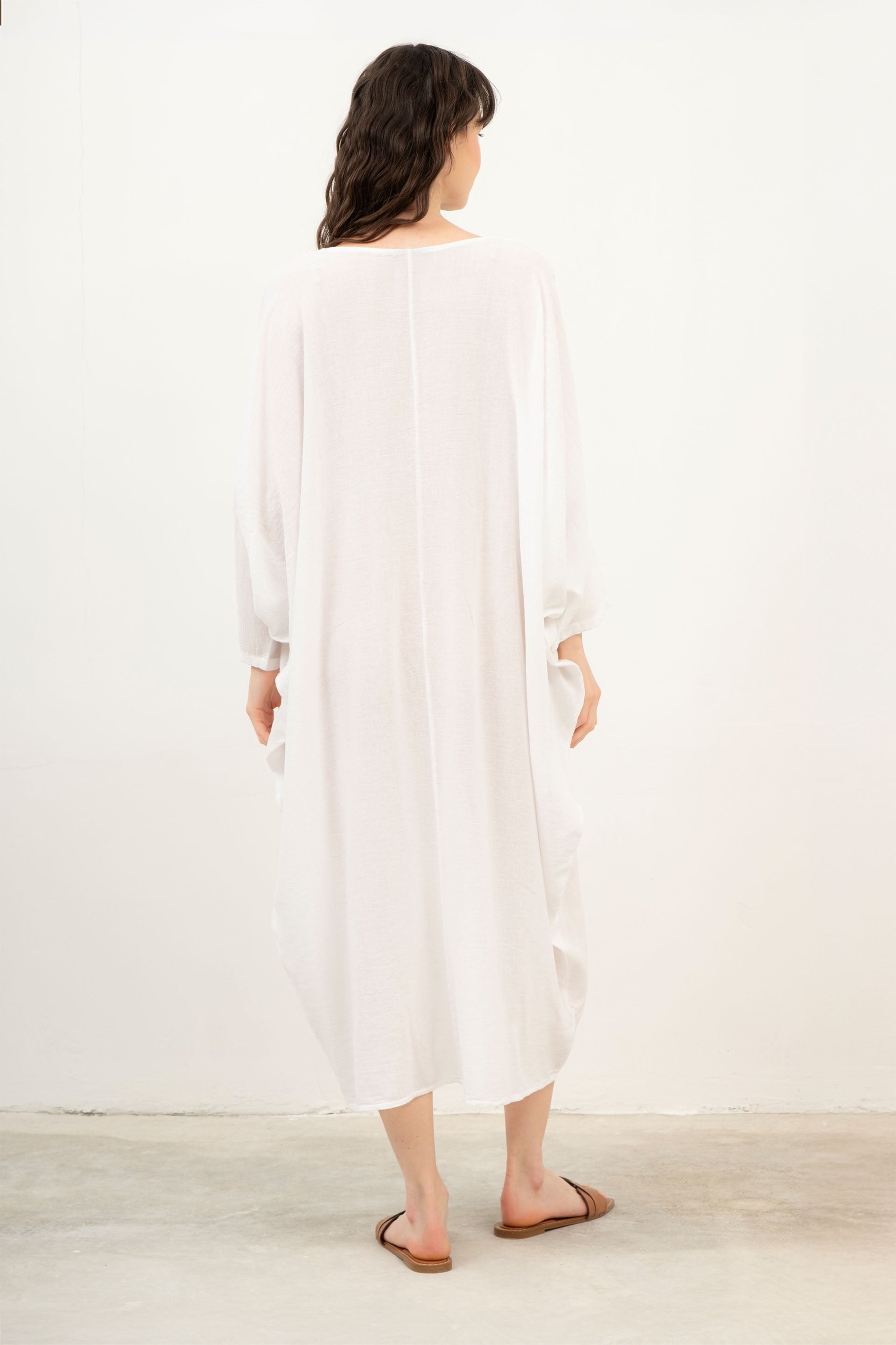 Keten Karışımlı Anvelop Yarasa Kesim Elbise #Renk_ Beyaz