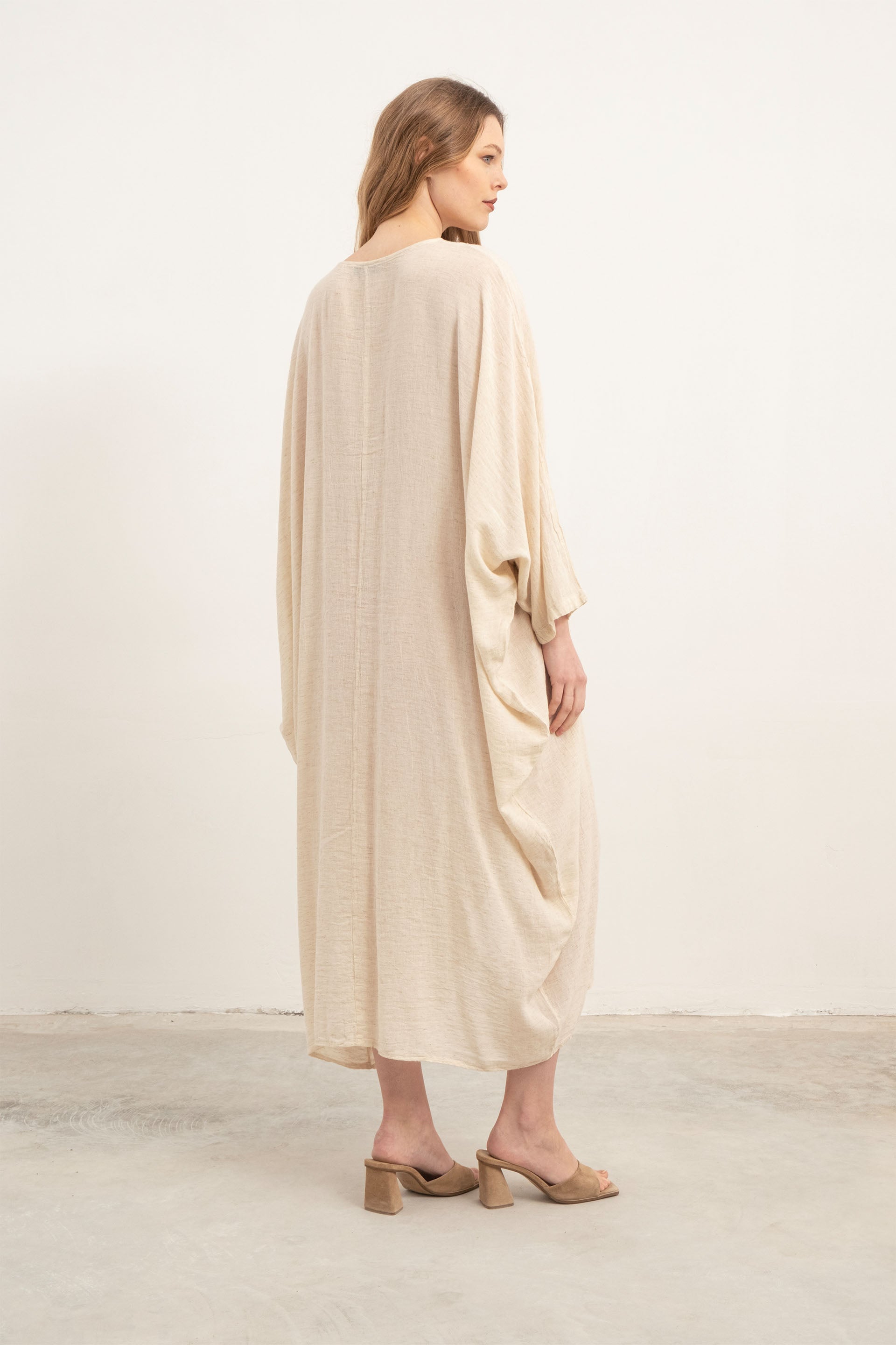 Keten Karışımlı Anvelop Yarasa Kesim Elbise #Renk_ Doğal