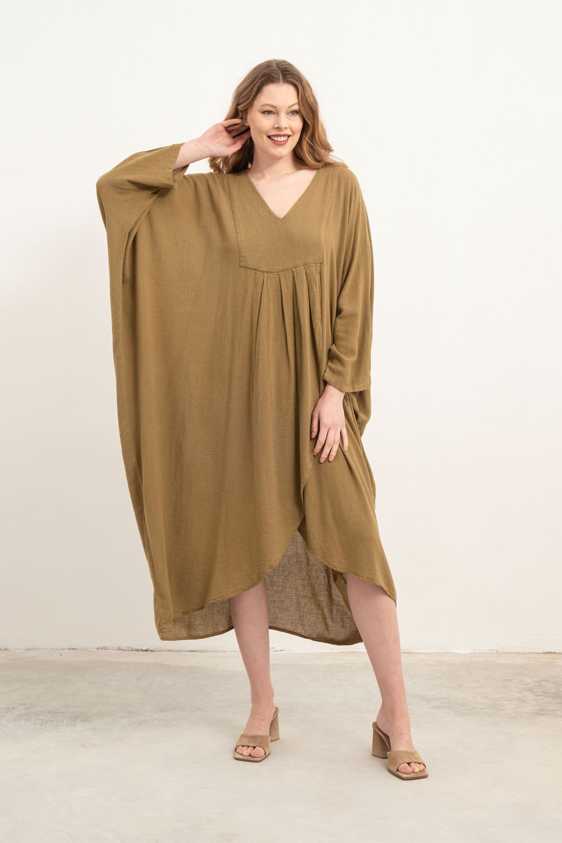 Keten Karışımlı Anvelop Yarasa Kesim Elbise #Renk_ Haki