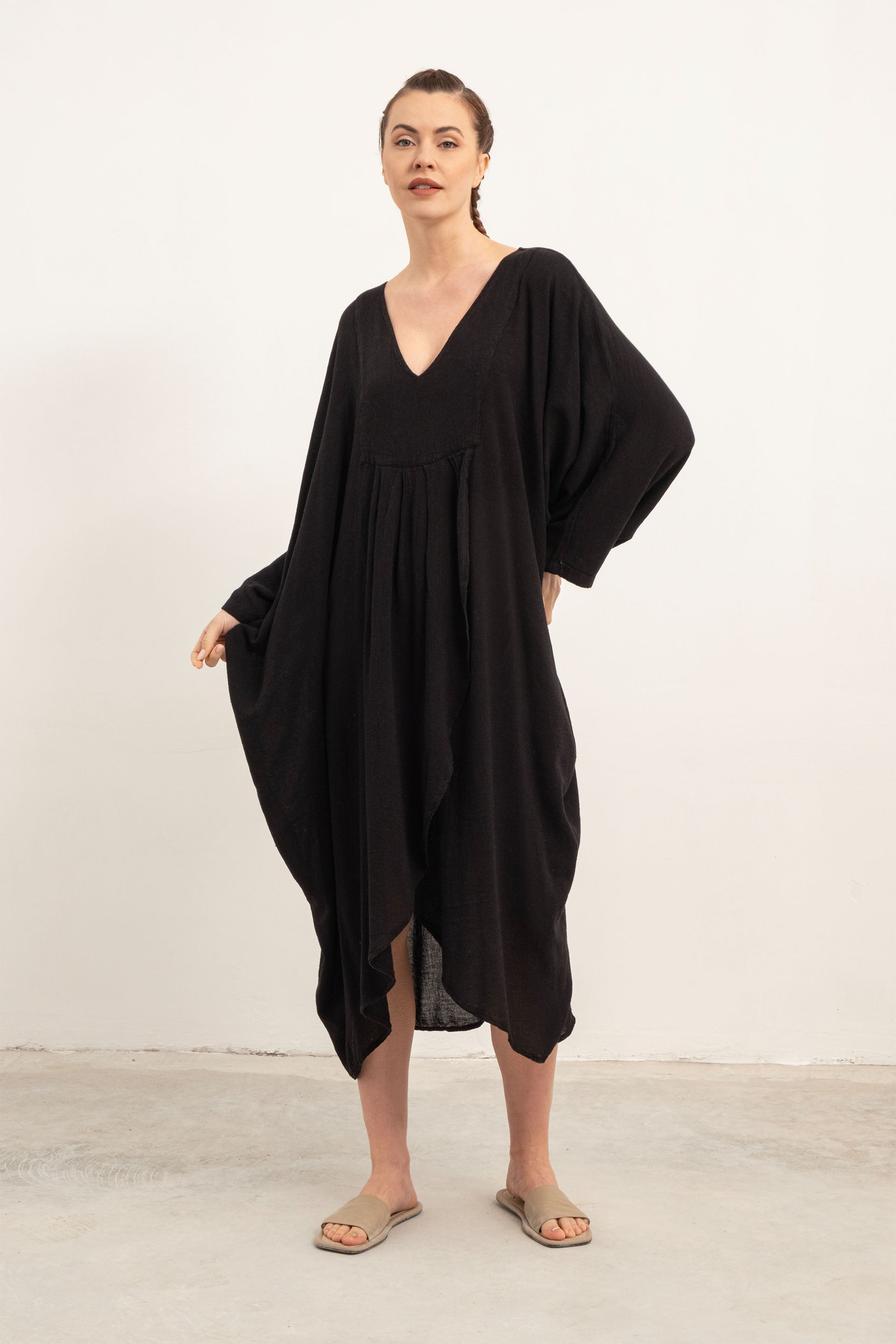 Keten Karışımlı Anvelop Yarasa Kesim Elbise #Renk_ Siyah