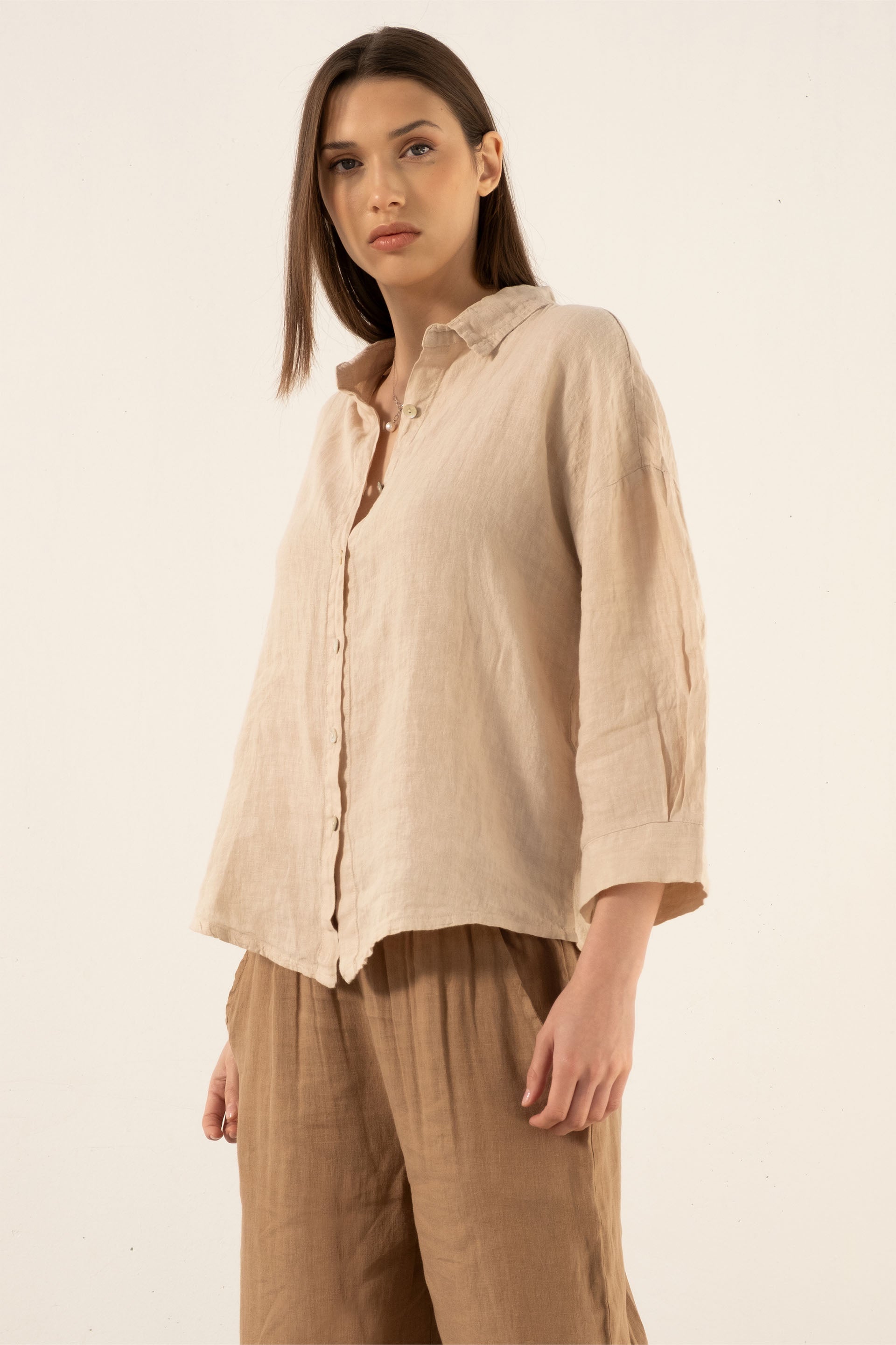 Saf Keten Yarasa Kol Kadın Gömlek #Renk_ Bej