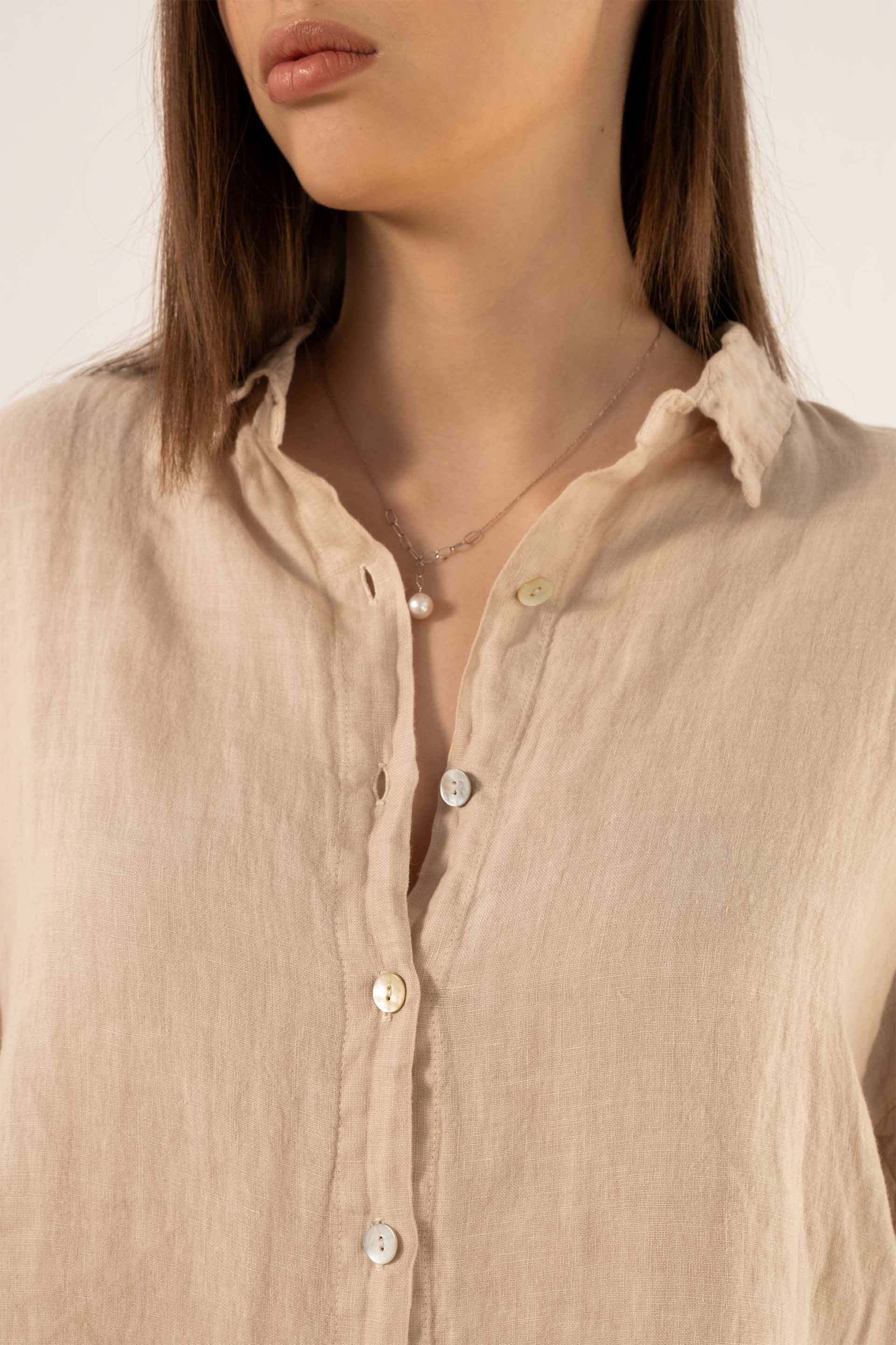 Saf Keten Yarasa Kol Kadın Gömlek #Renk_ Bej