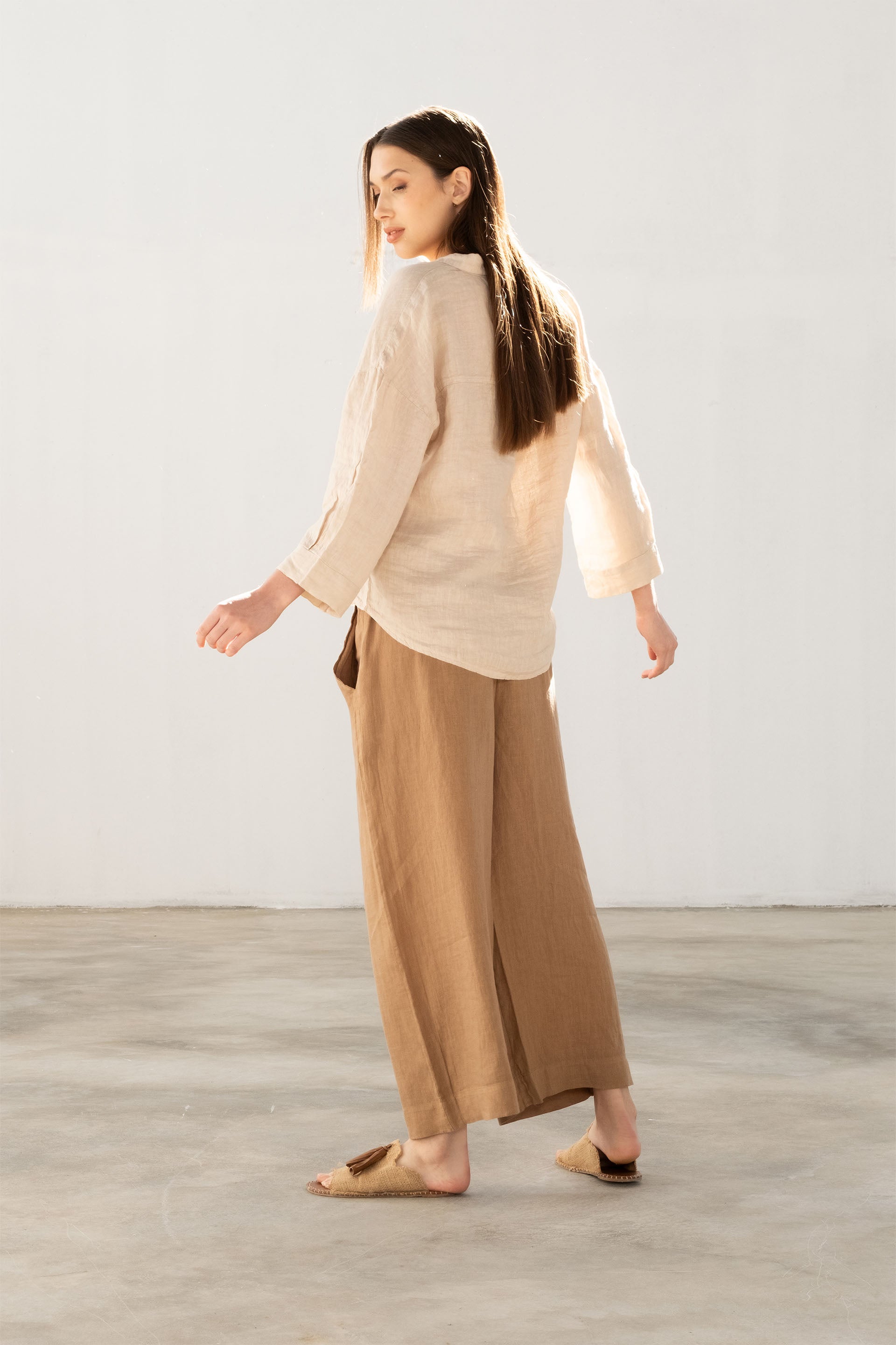 Saf Keten Yarasa Kol Kadın Gömlek #Renk_ Bej