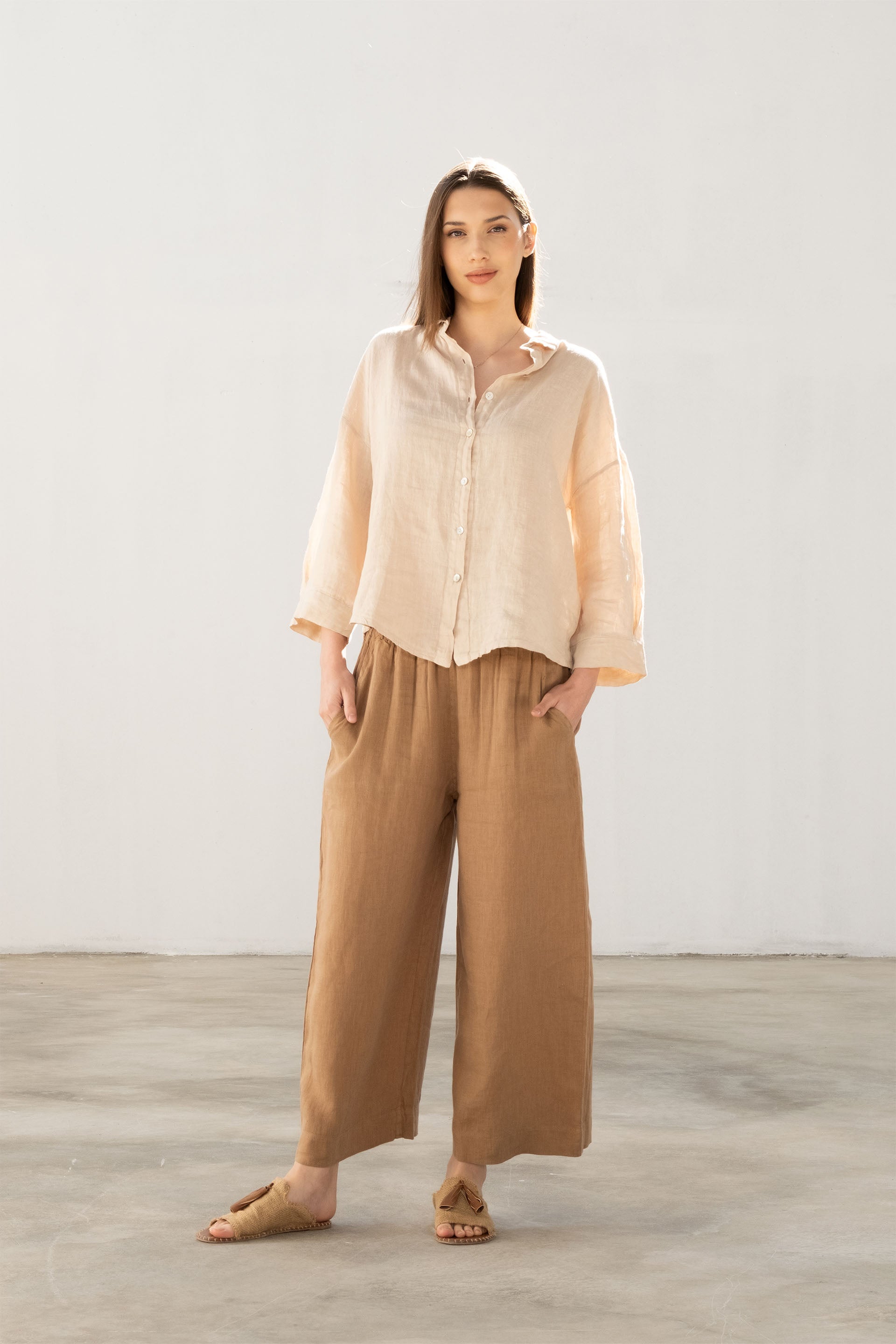 Saf Keten Yarasa Kol Kadın Gömlek #Renk_ Bej