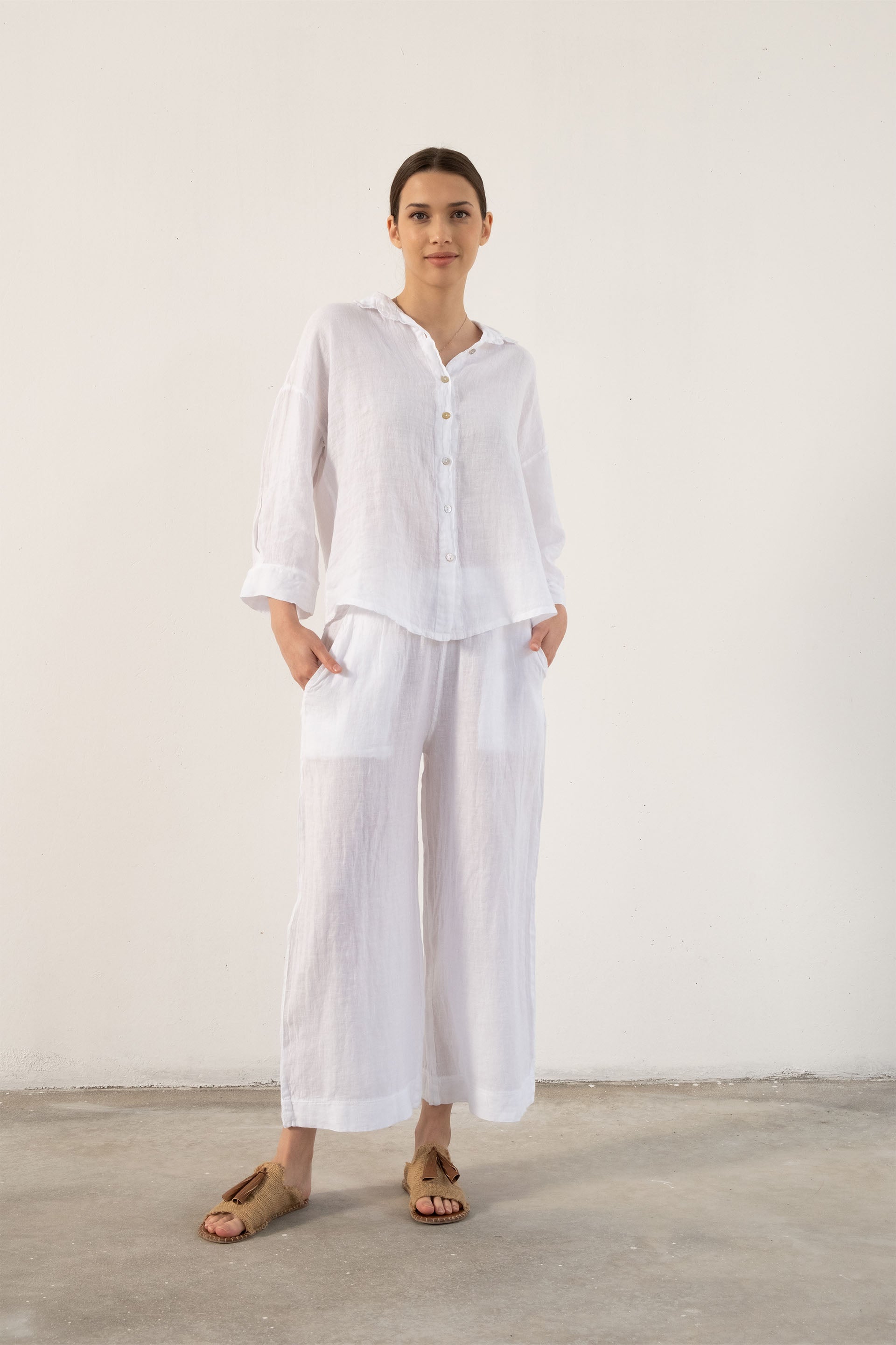 Saf Keten Yarasa Kol Kadın Gömlek #Renk_ Beyaz