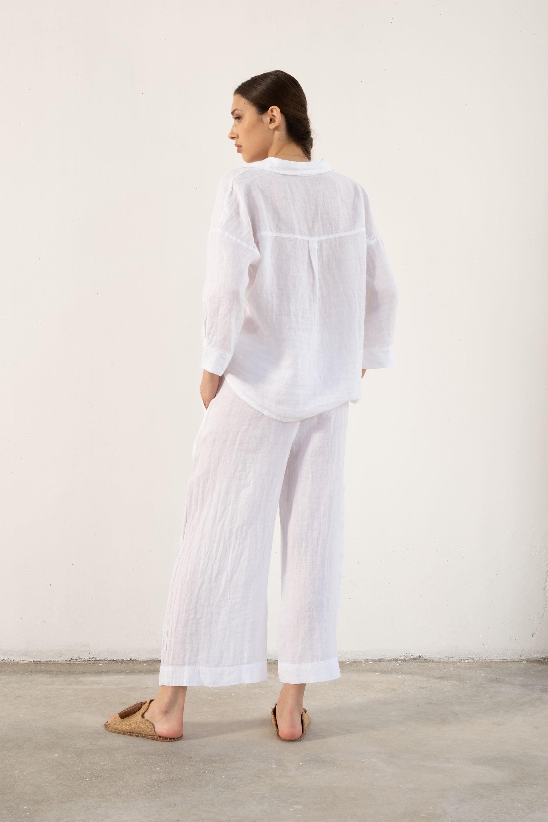 Saf Keten Yarasa Kol Kadın Gömlek #Renk_ Beyaz