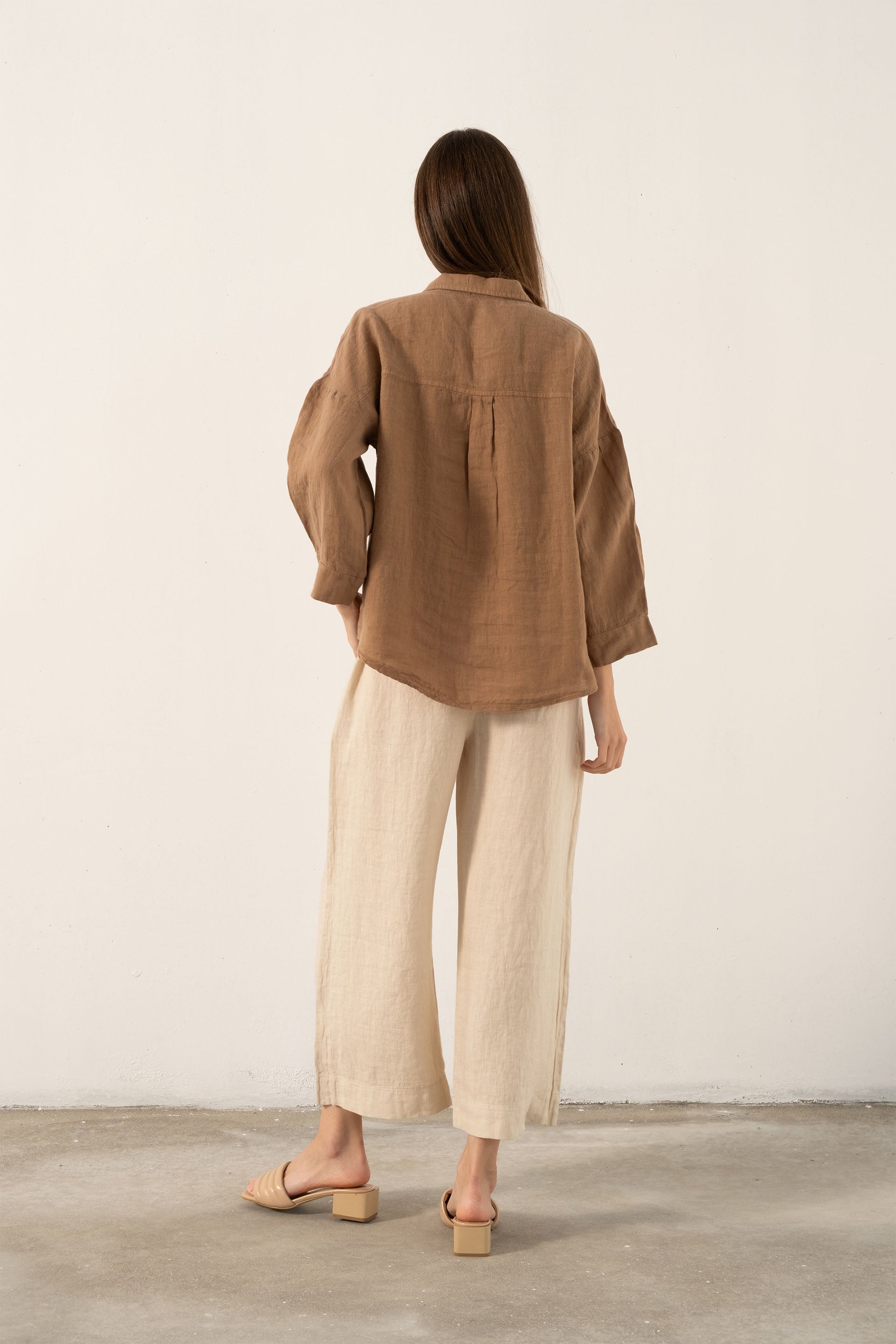 Saf Keten Yarasa Kol Kadın Gömlek #renk_Kahve