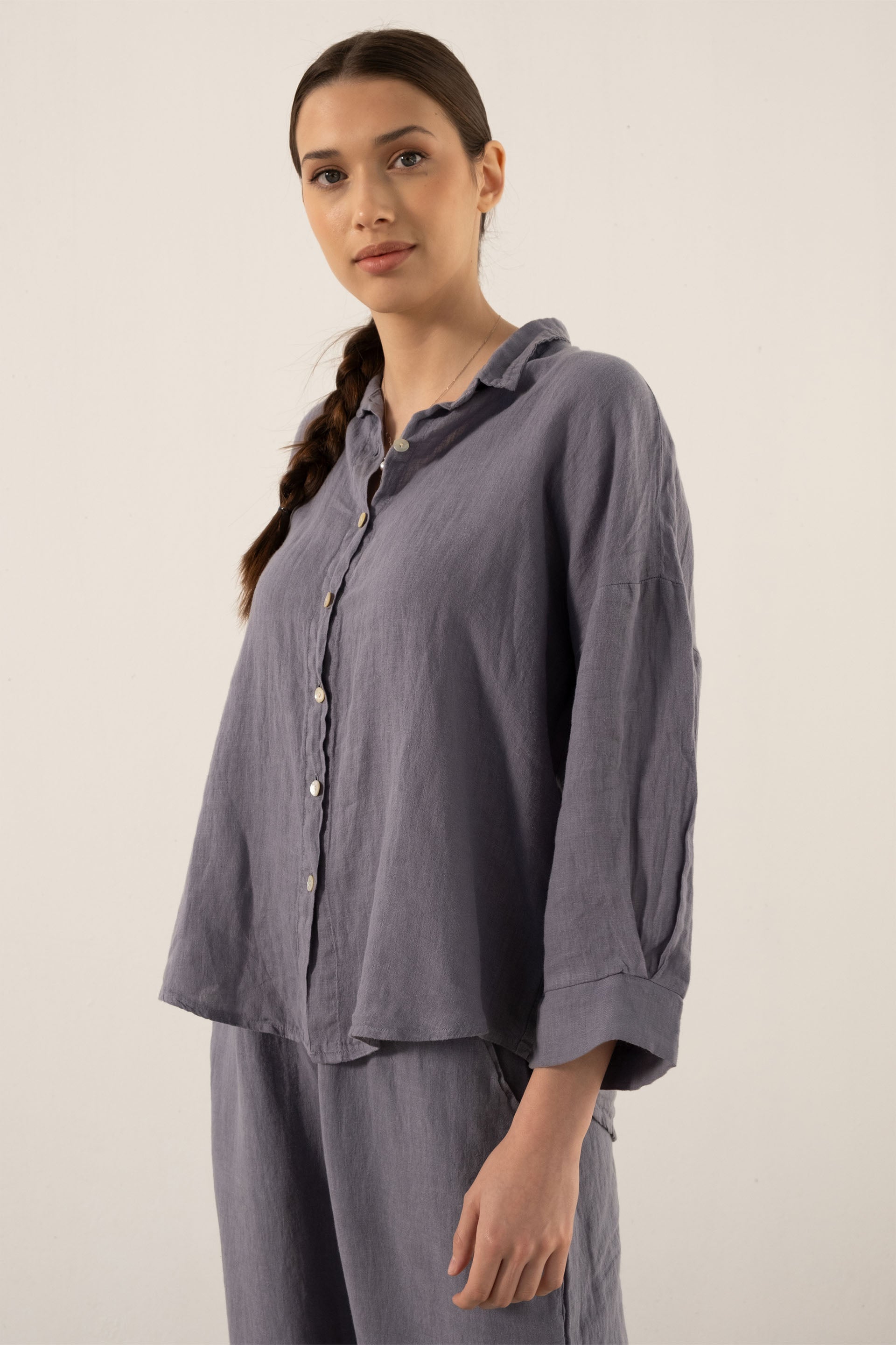 Saf Keten Yarasa Kol Kadın Gömlek #Renk_ Lila