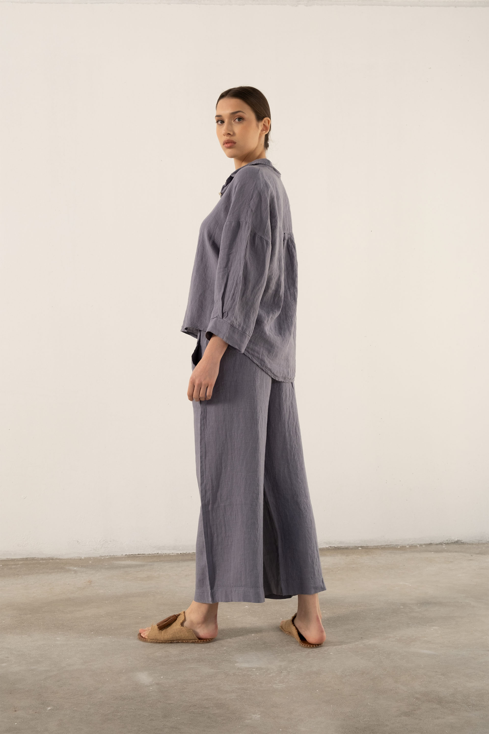 Saf Keten Yarasa Kol Kadın Gömlek #Renk_ Lila