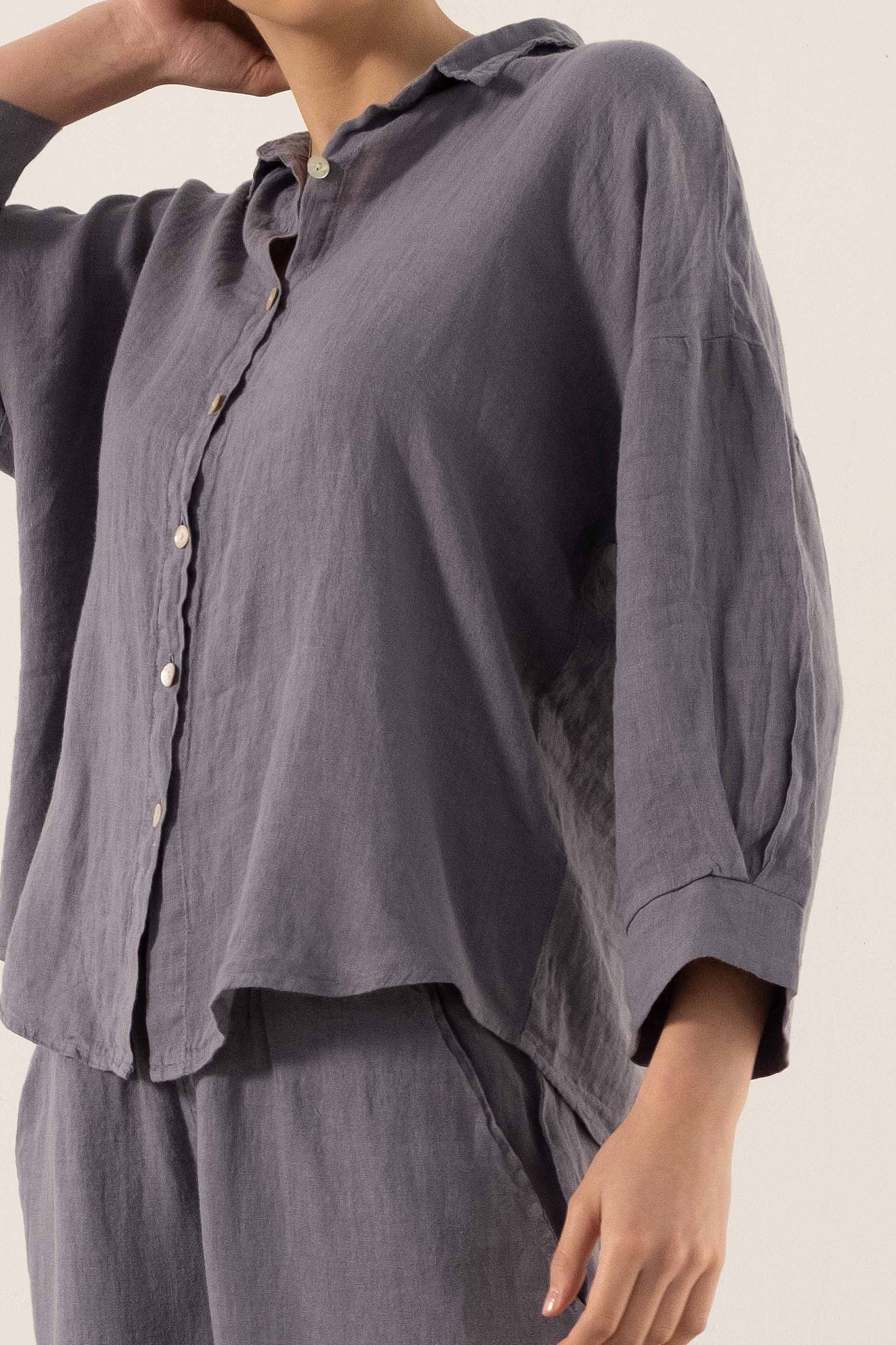 Saf Keten Yarasa Kol Kadın Gömlek #Renk_ Lila