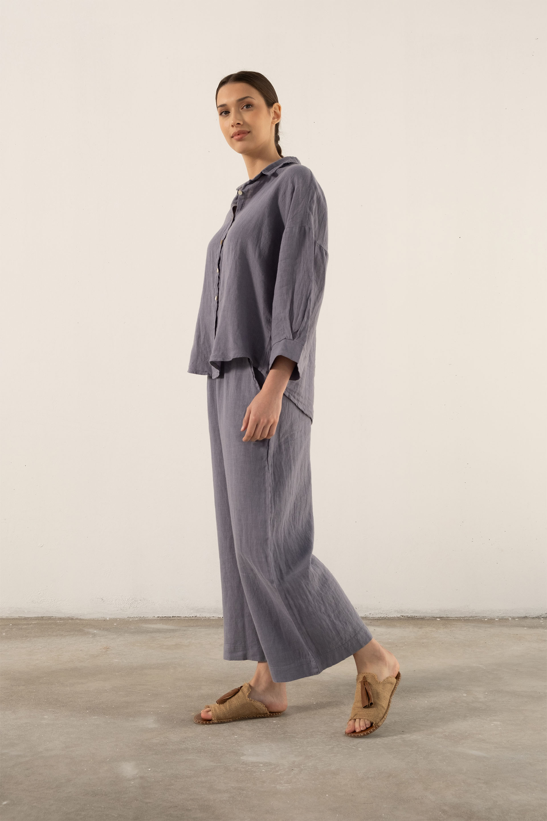 Saf Keten Yarasa Kol Kadın Gömlek #Renk_ Lila