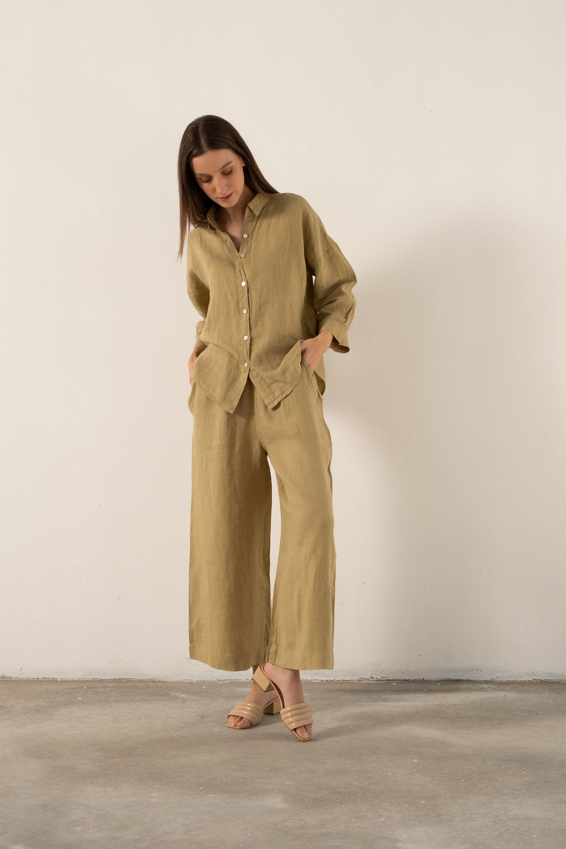 Saf Keten Yarasa Kol Kadın Gömlek #Renk_ Mint