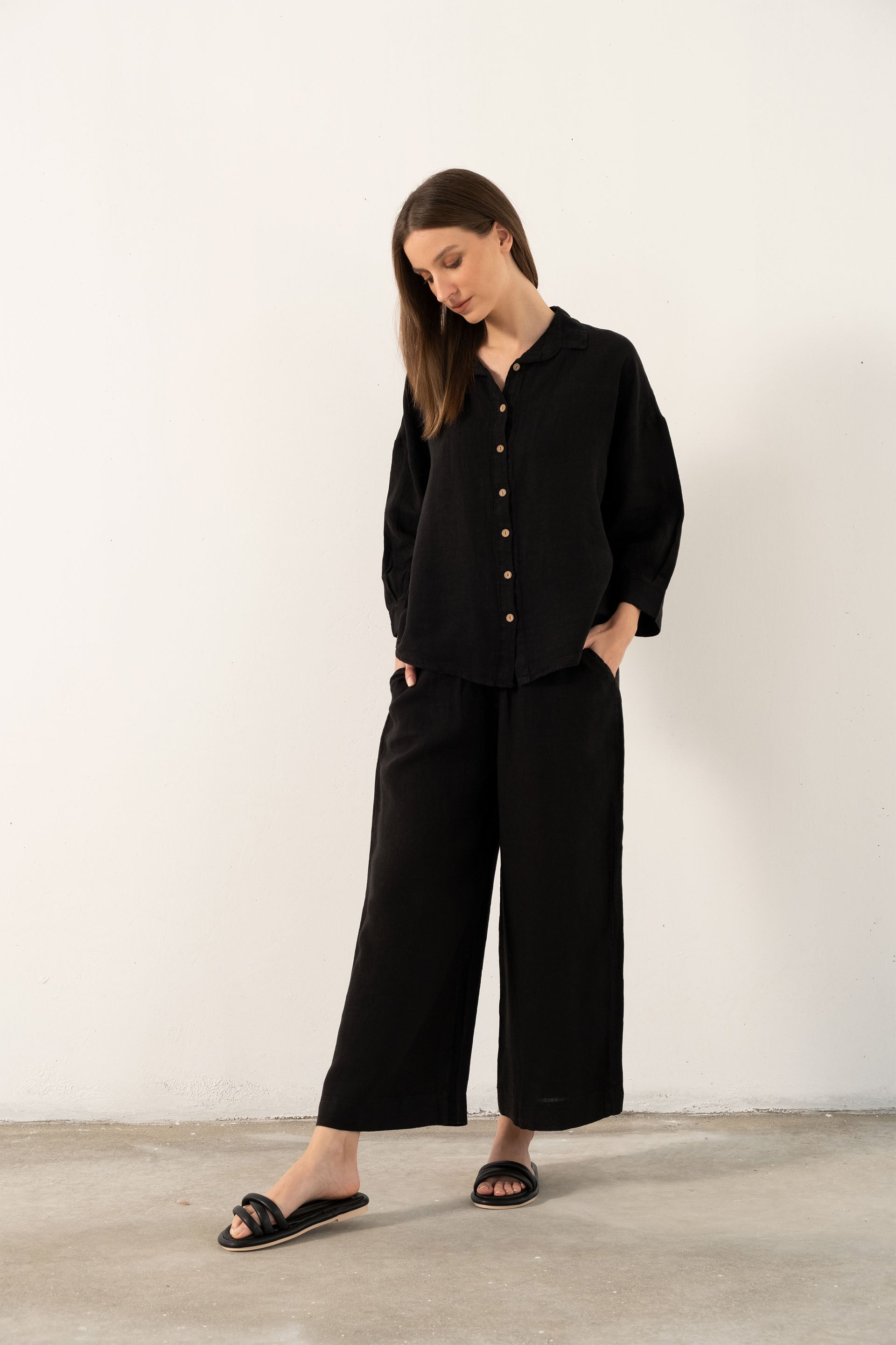 Saf Keten Yarasa Kol Kadın Gömlek #Renk_ Siyah