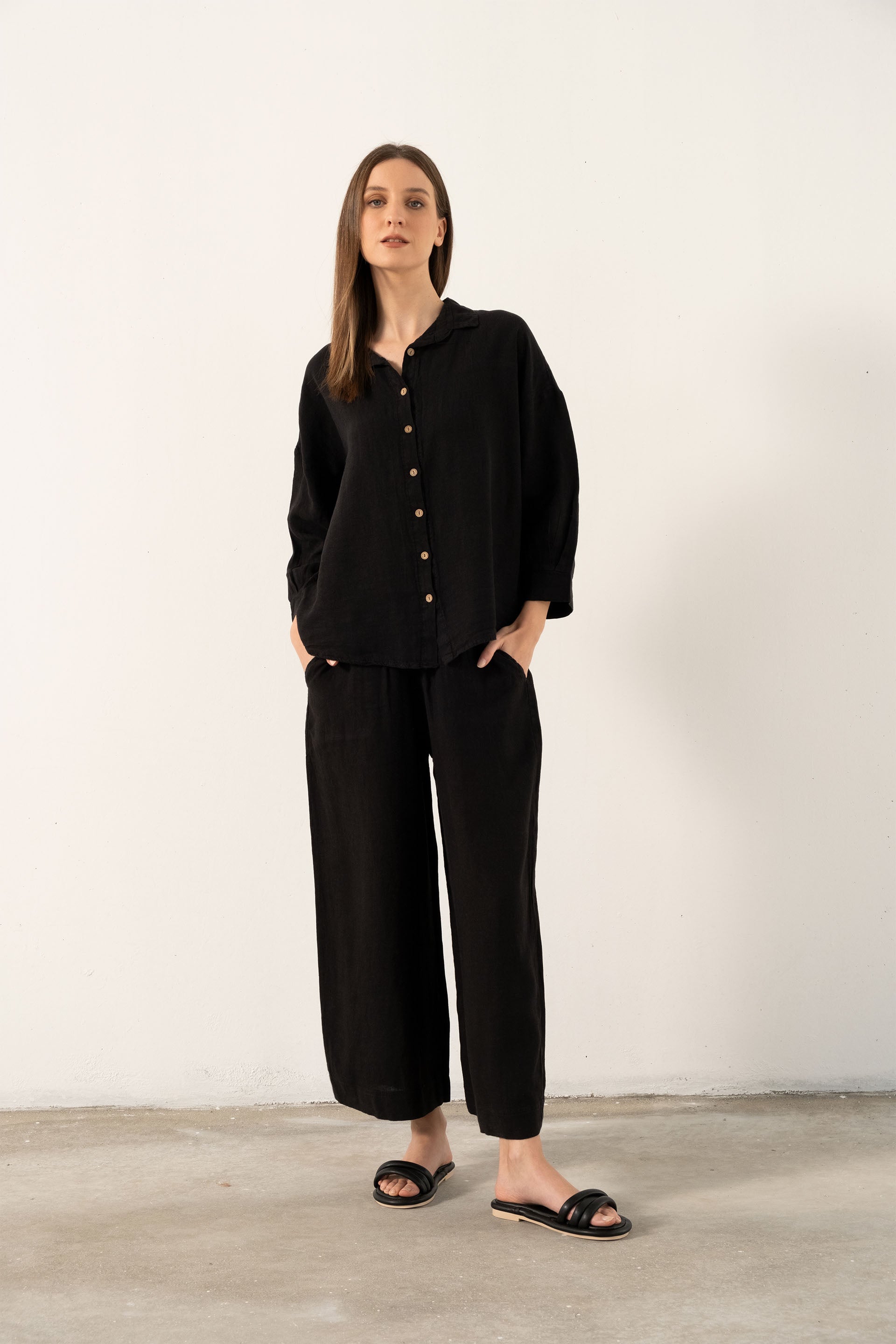 Saf Keten Yarasa Kol Kadın Gömlek #Renk_ Siyah