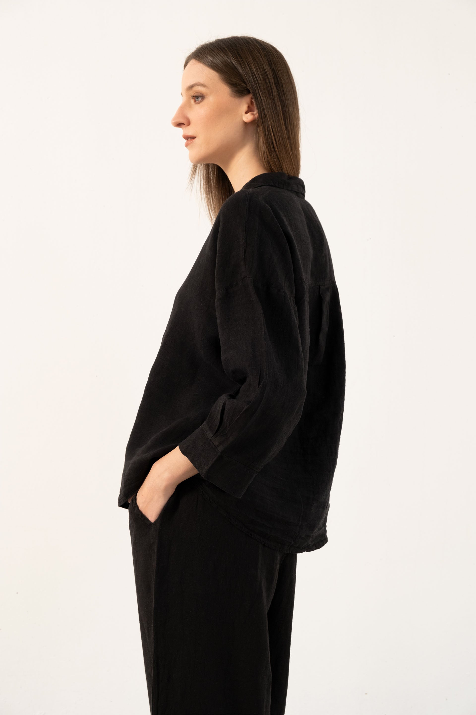 Saf Keten Yarasa Kol Kadın Gömlek #Renk_ Siyah