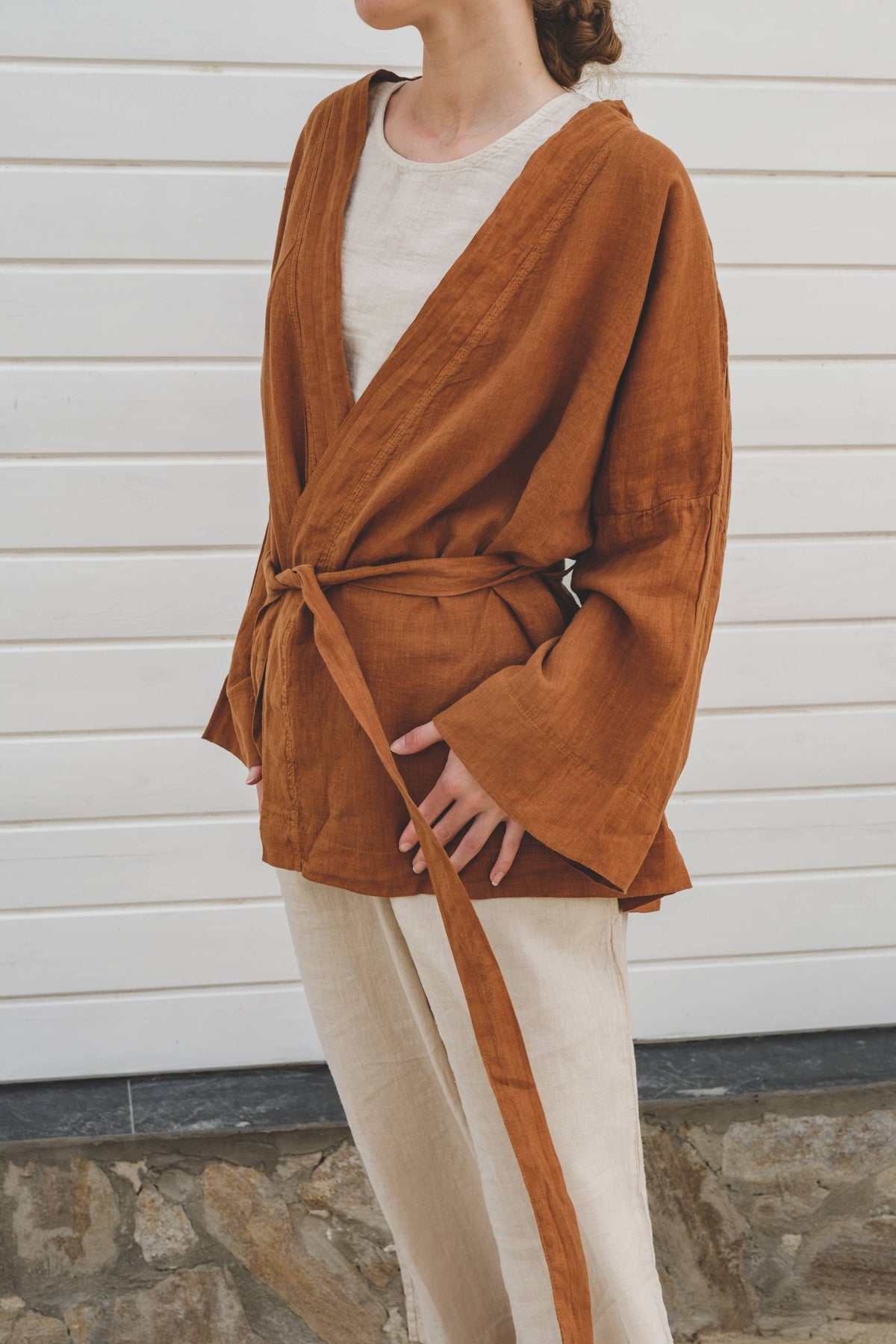 Saf Keten Kısa Kimono #renk_Kiremit