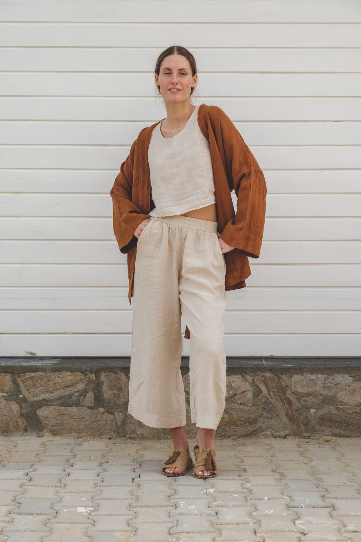 Saf Keten Kısa Kimono #renk_Kiremit